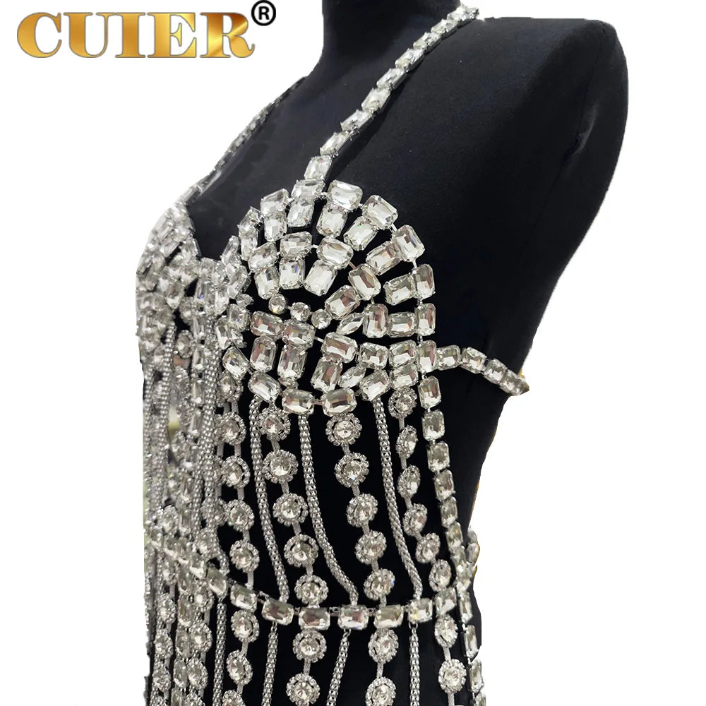 Sparkly Glass Crystal Tassel Body Chain Dress Drag Queen Stage Backless Mini Skirt