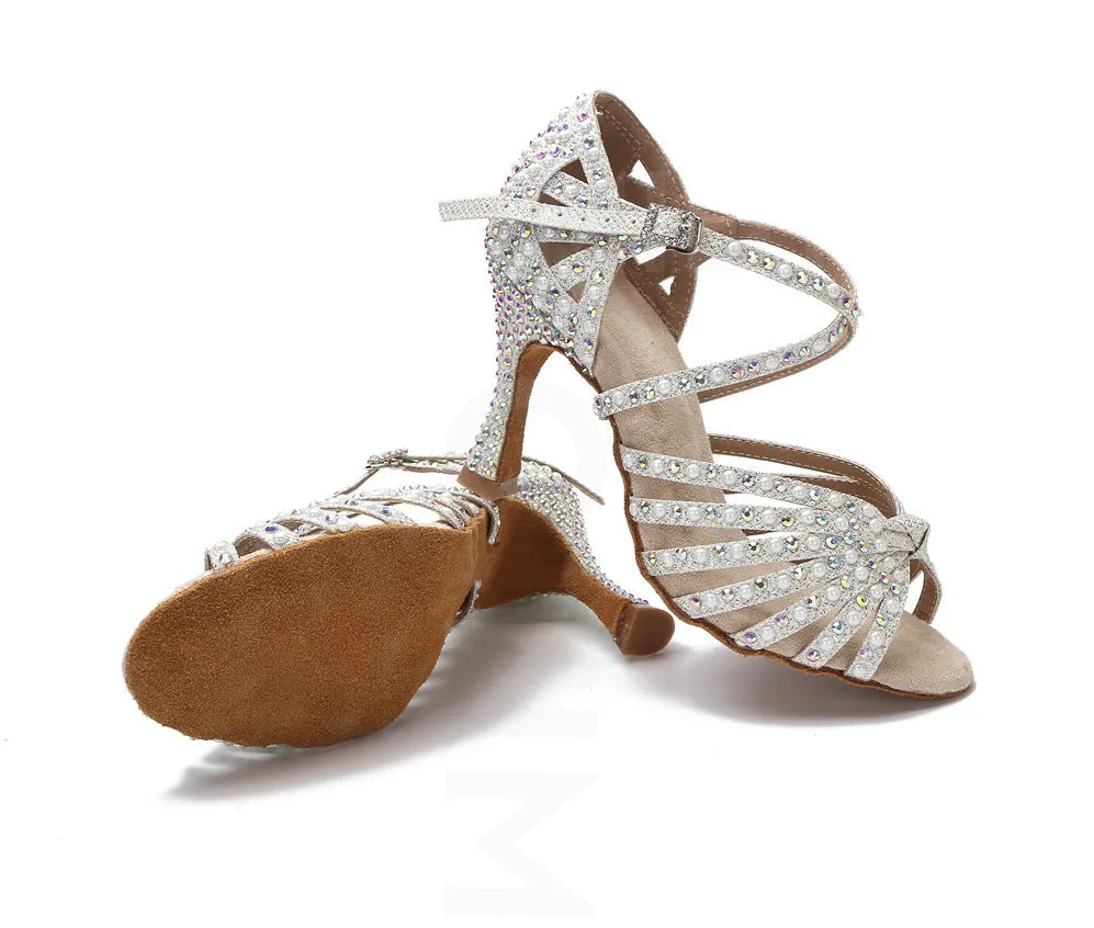 Sparkly AB Rhinestone Latin Dance Shoes Soft Bottom Ballroom Competition Heels