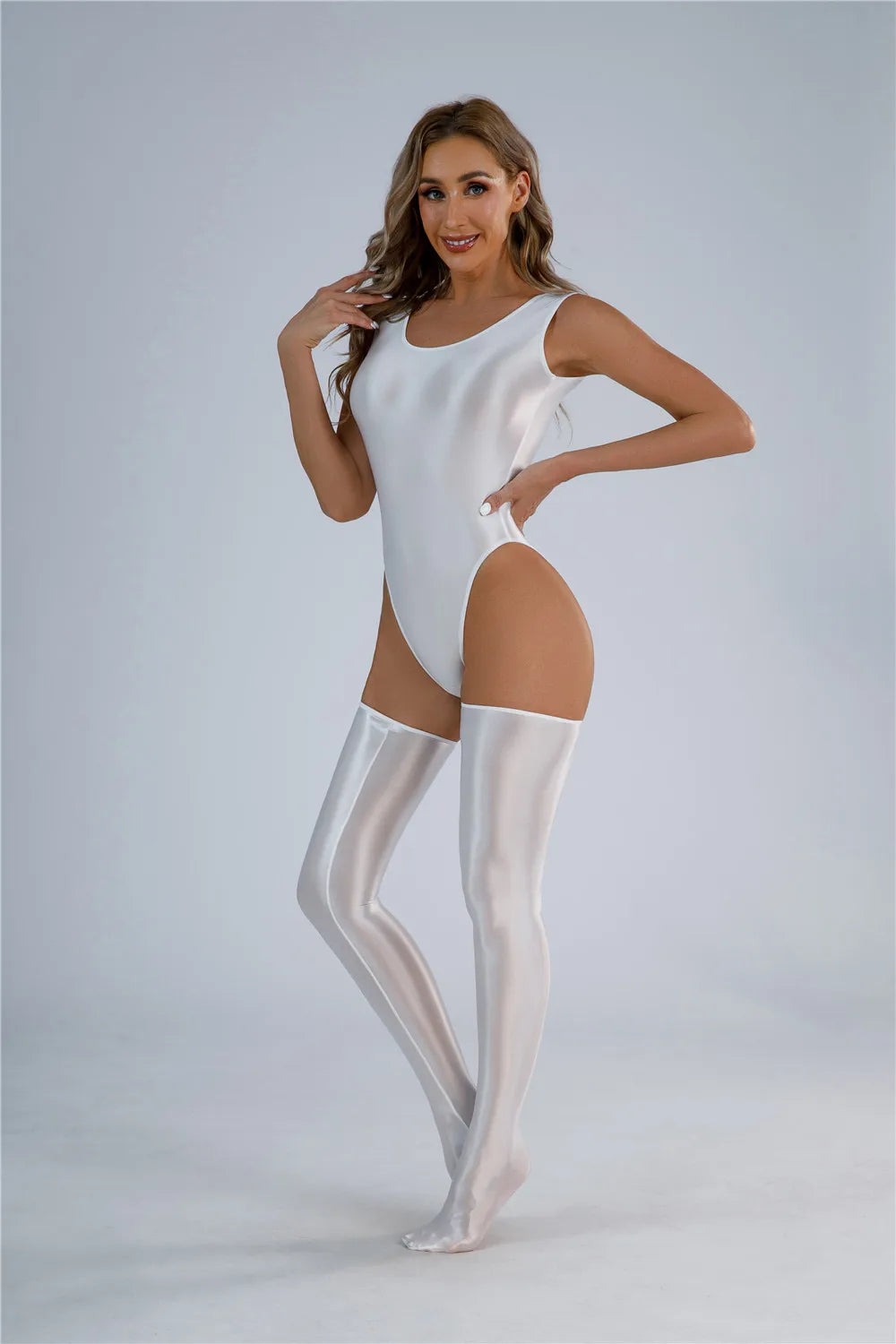 Backless High-Cut Oil Glossy Sheer Bodysuit & Matching Stockings Set