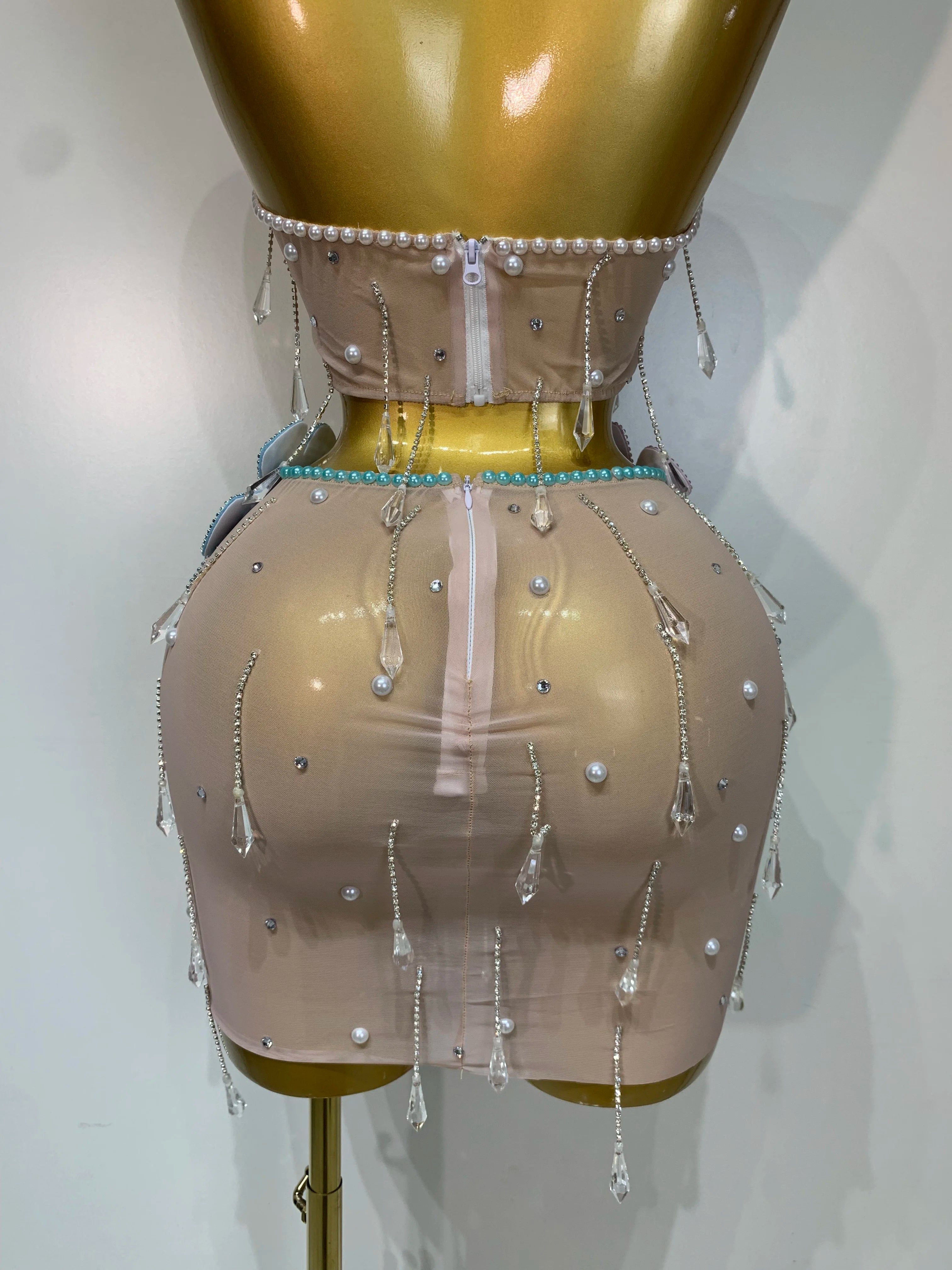 Colorful Rhinestone Pearl Sheer Dress & Two-Piece Mini Skirt Set Celebration Outfit