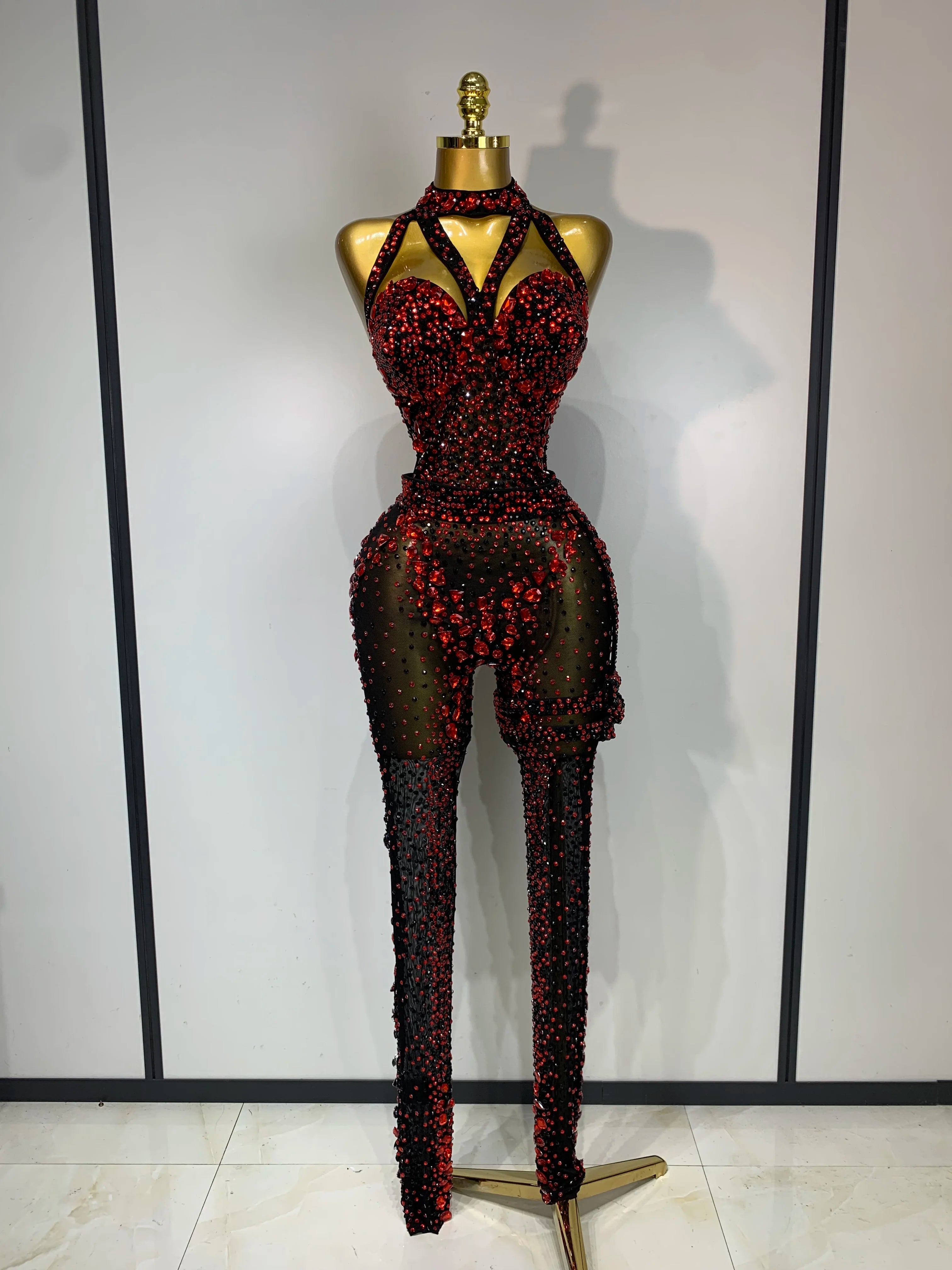 Backless Sparkly Red Diamond Mesh Jumpsuit Evening Stage Costume Bodycon Romper