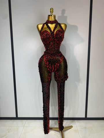 Crimson Diamond Rhinestone Catsuit Sheer Mesh Backless Jumpsuit Stage Costume