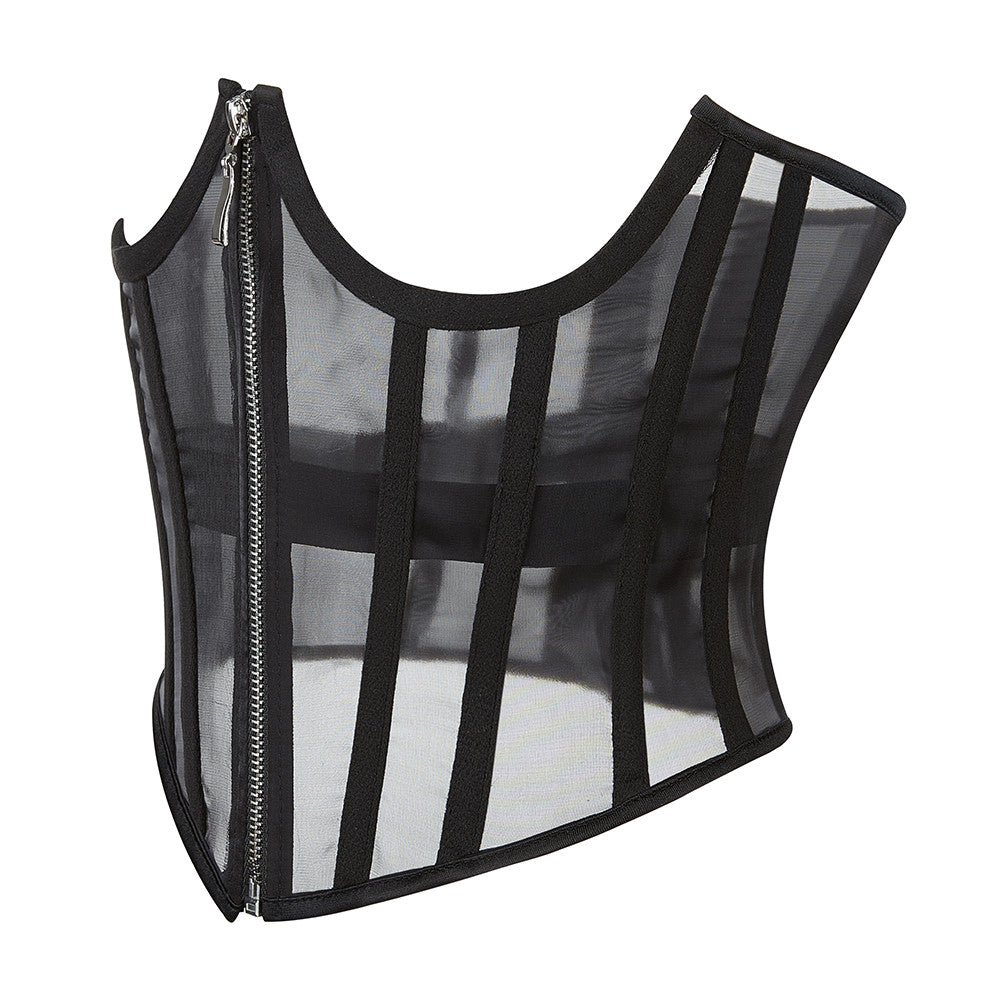 Transparent Sheer Mesh Underbust Corset Zipper Front Boned Waist Cincher Top