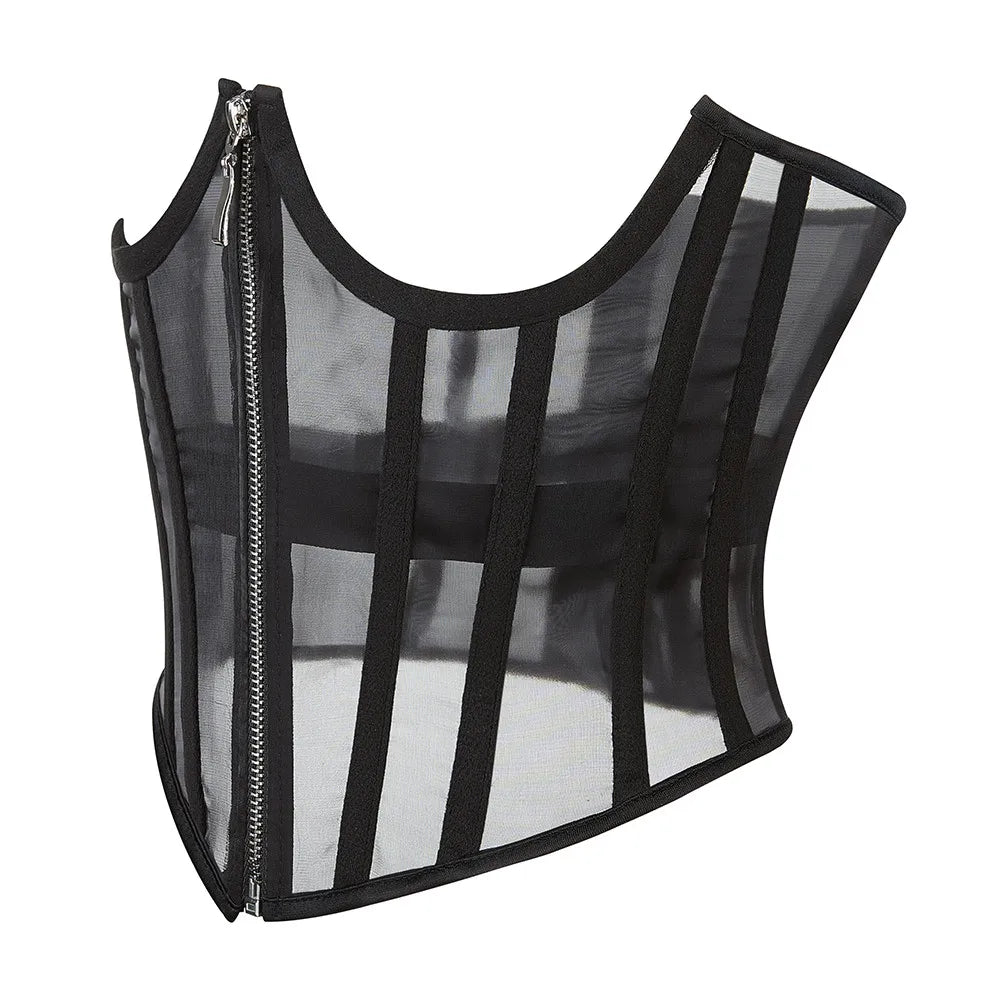 Transparent Sheer Mesh Underbust Corset Zipper Front Boned Waist Cincher Top
