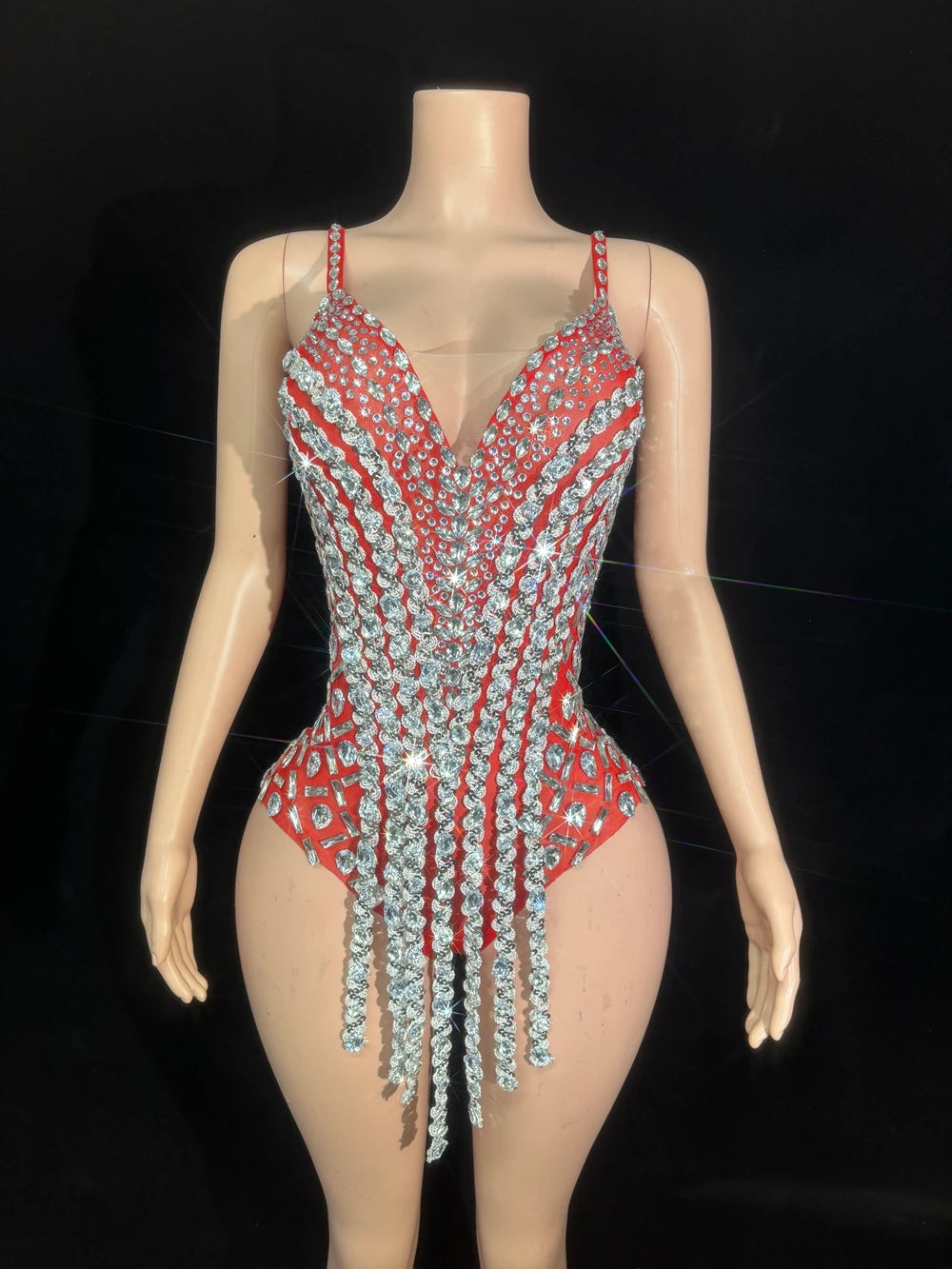 Sparkly Rhinestone Sequin Tassel Bodysuit Stage Performance Dance Leotard