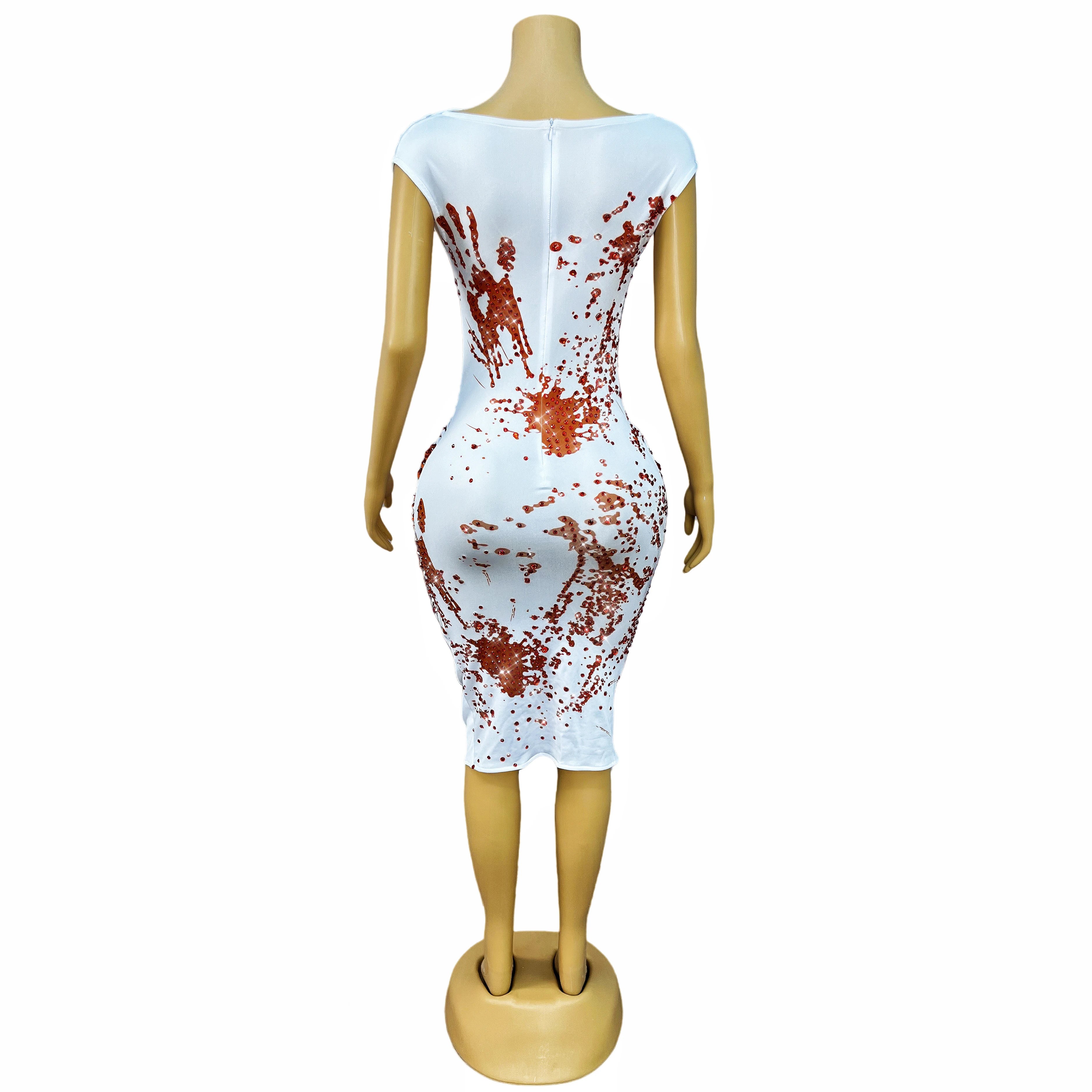 Blood Splatter Rhinestone Ruched Midi Dress Sleeveless Halloween Stage Costume