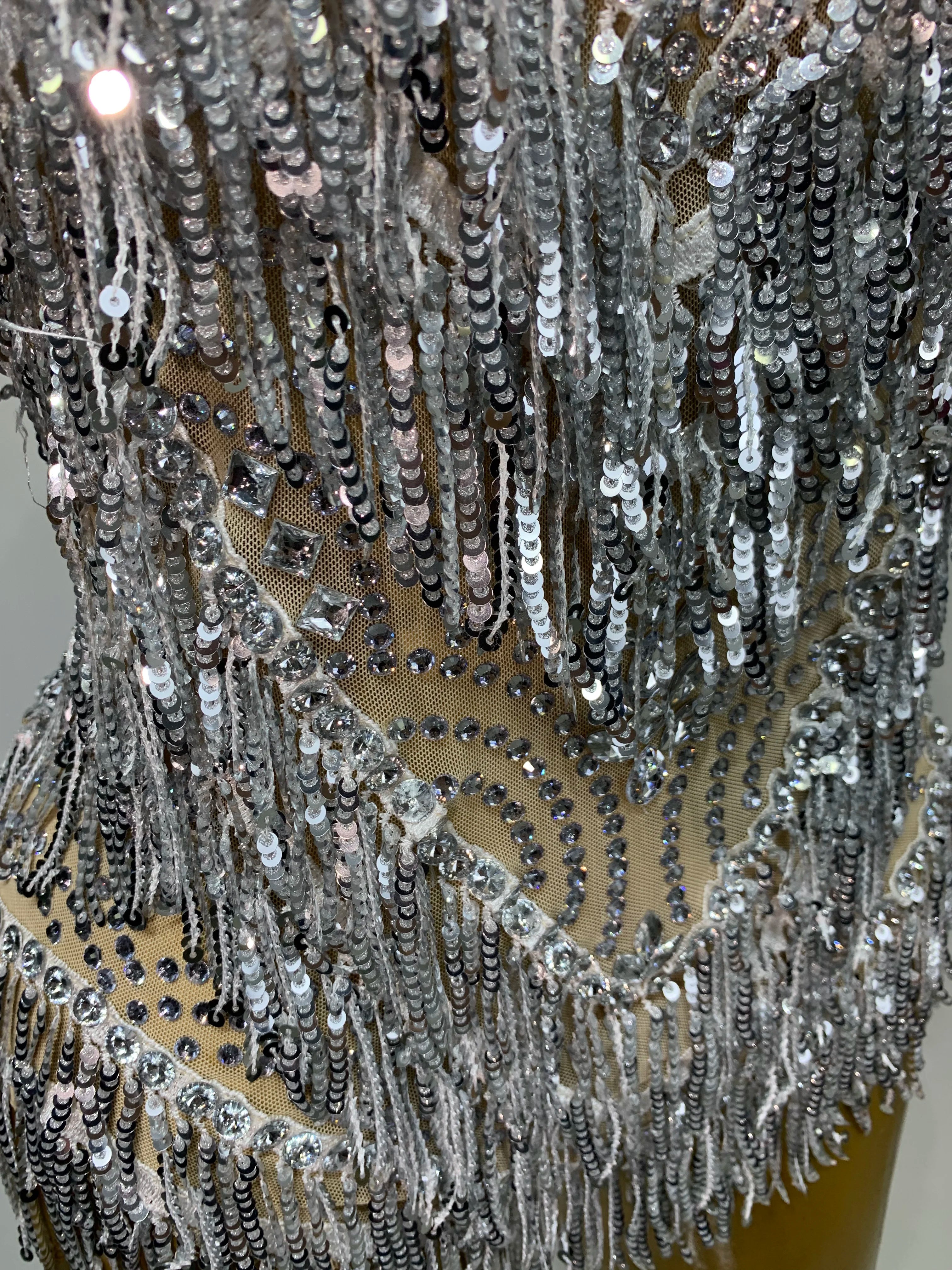 Sparkly Rhinestone Tassel Backless Mesh Bodysuit Luxury Stage Performance Costume