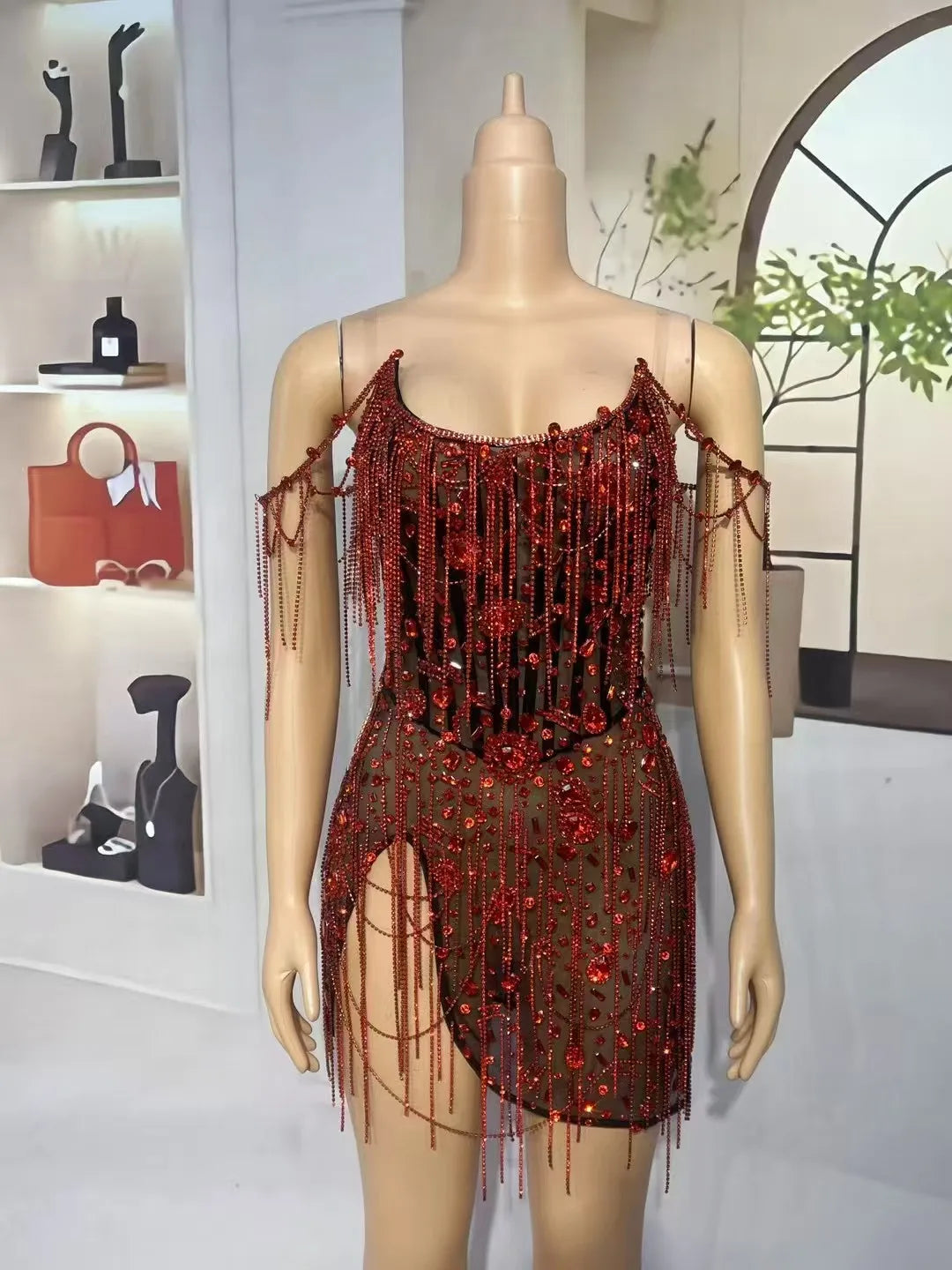 Red Party Diamond Chains Strapless Dress Women Evening Celebrate Red Carpet Catwalk Cocktail Dress Singer Concert Stage Costume