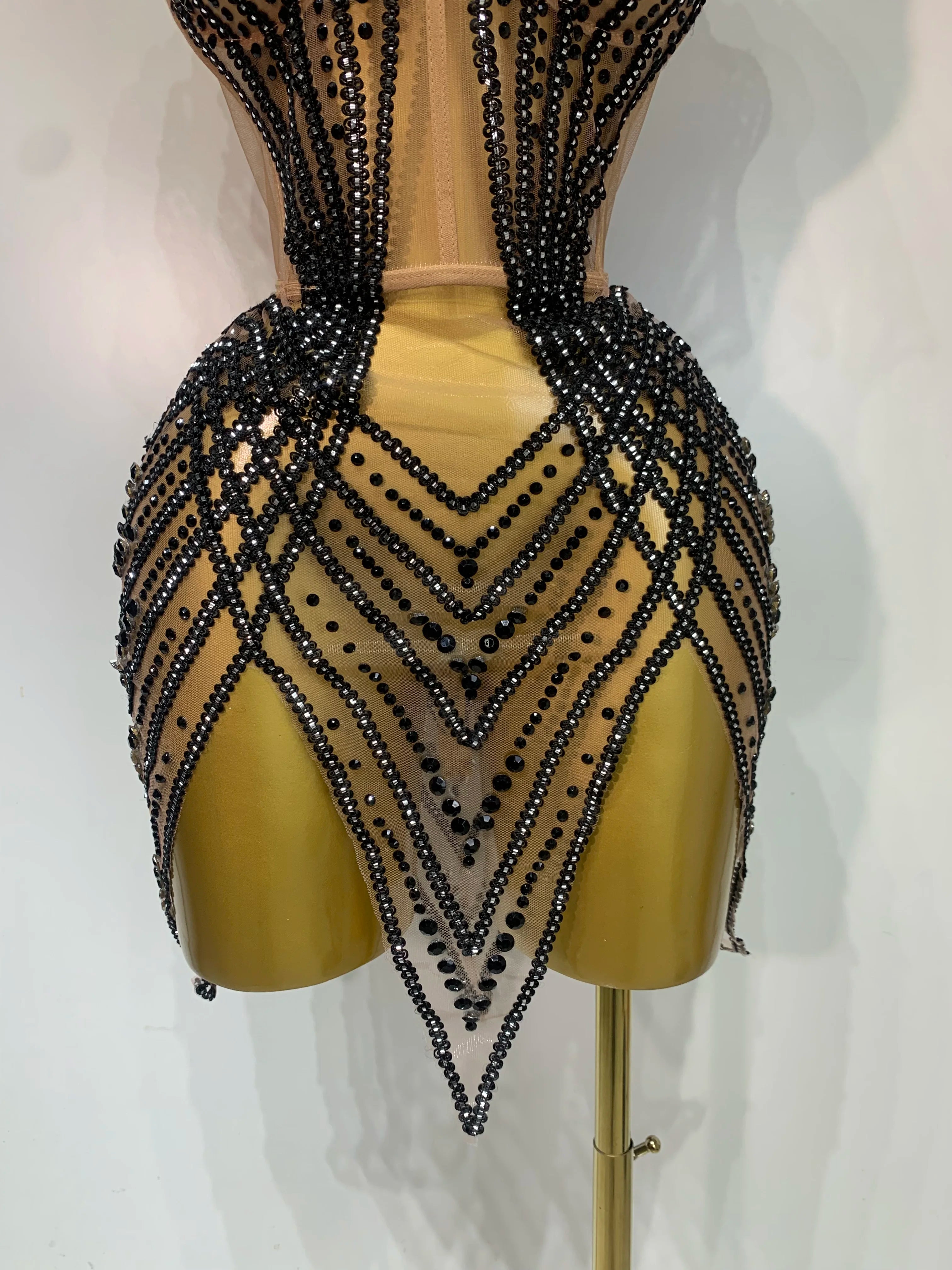 Sparkly Rhinestone Mesh Strapless Mini Dress Evening Stage Performance Outfit