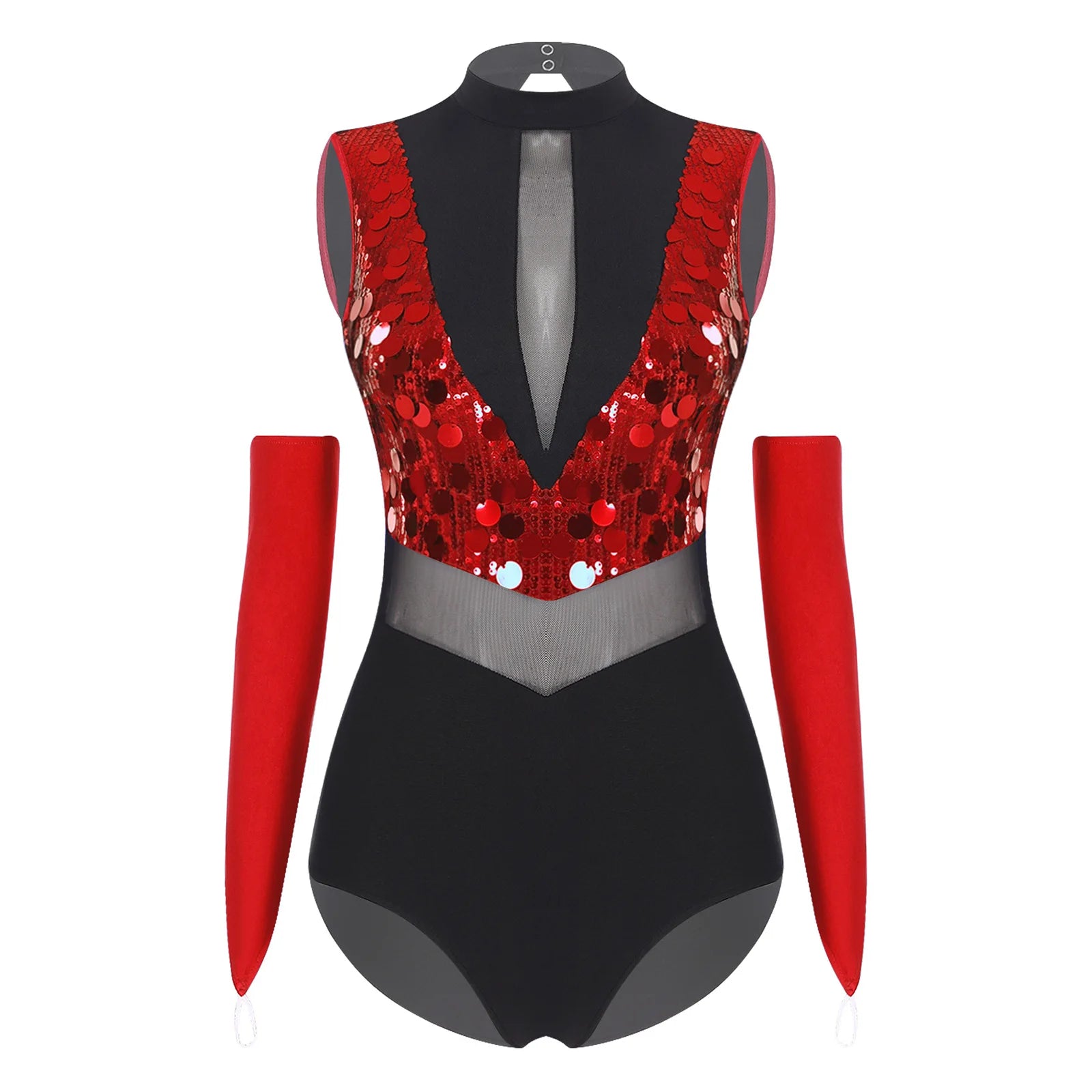 Sparkly Sequin Mock Neck Dance Leotard & Gloves Two-Piece Bodysuit Set