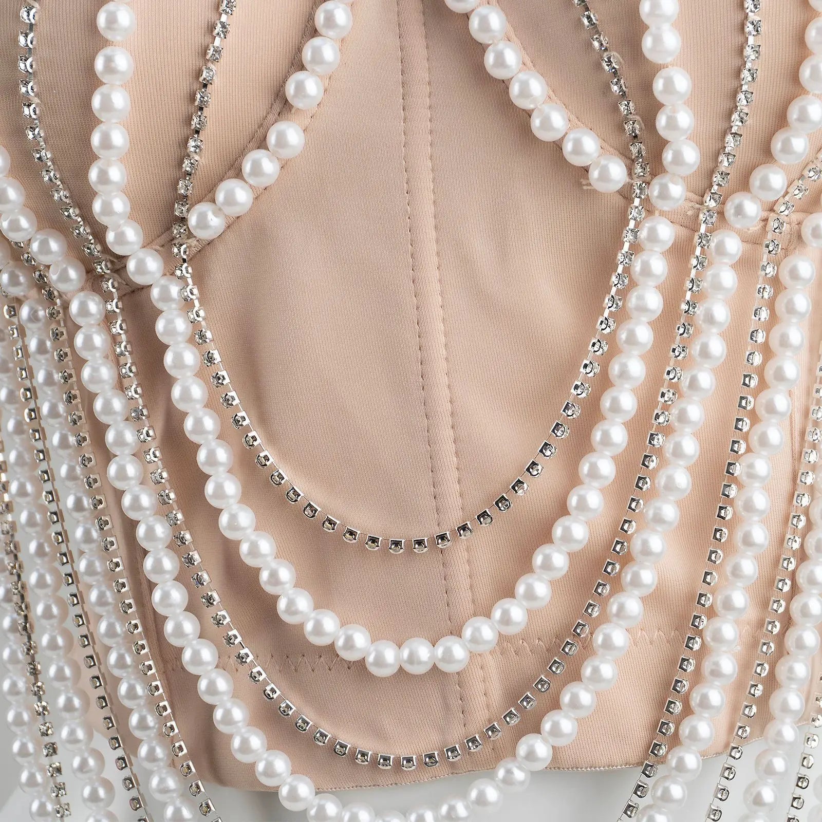 Pearl & Diamond Embroidery Chain Bustier Corset Crop Top Stage Party Bralette