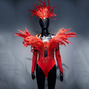 Red Feather Winged Bodysuit Drag Queen & Showgirl Carnival Stage Costume