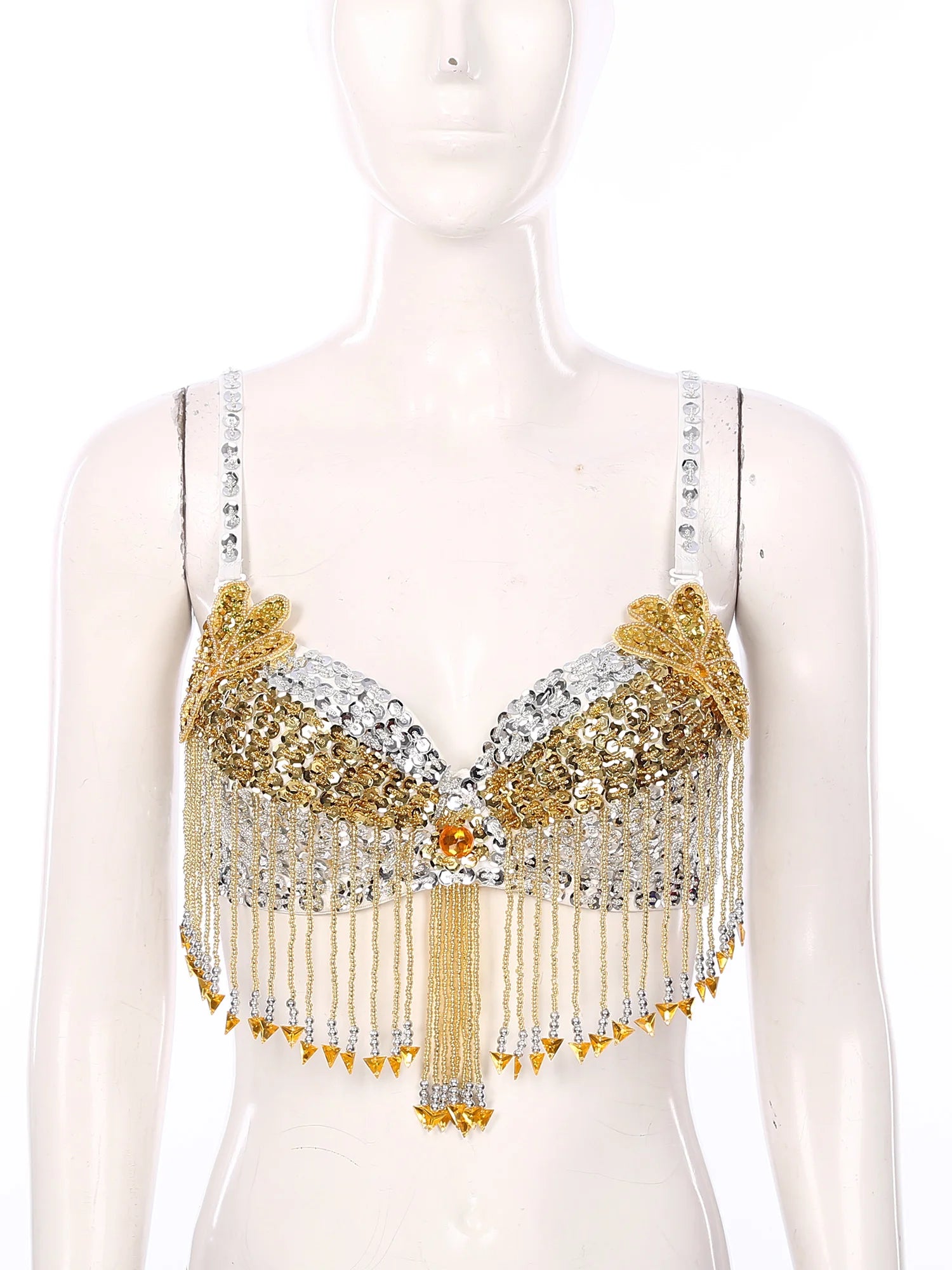 Sparkly Floral Beaded Sequin Belly Dance Bra & Tassel Performance Top