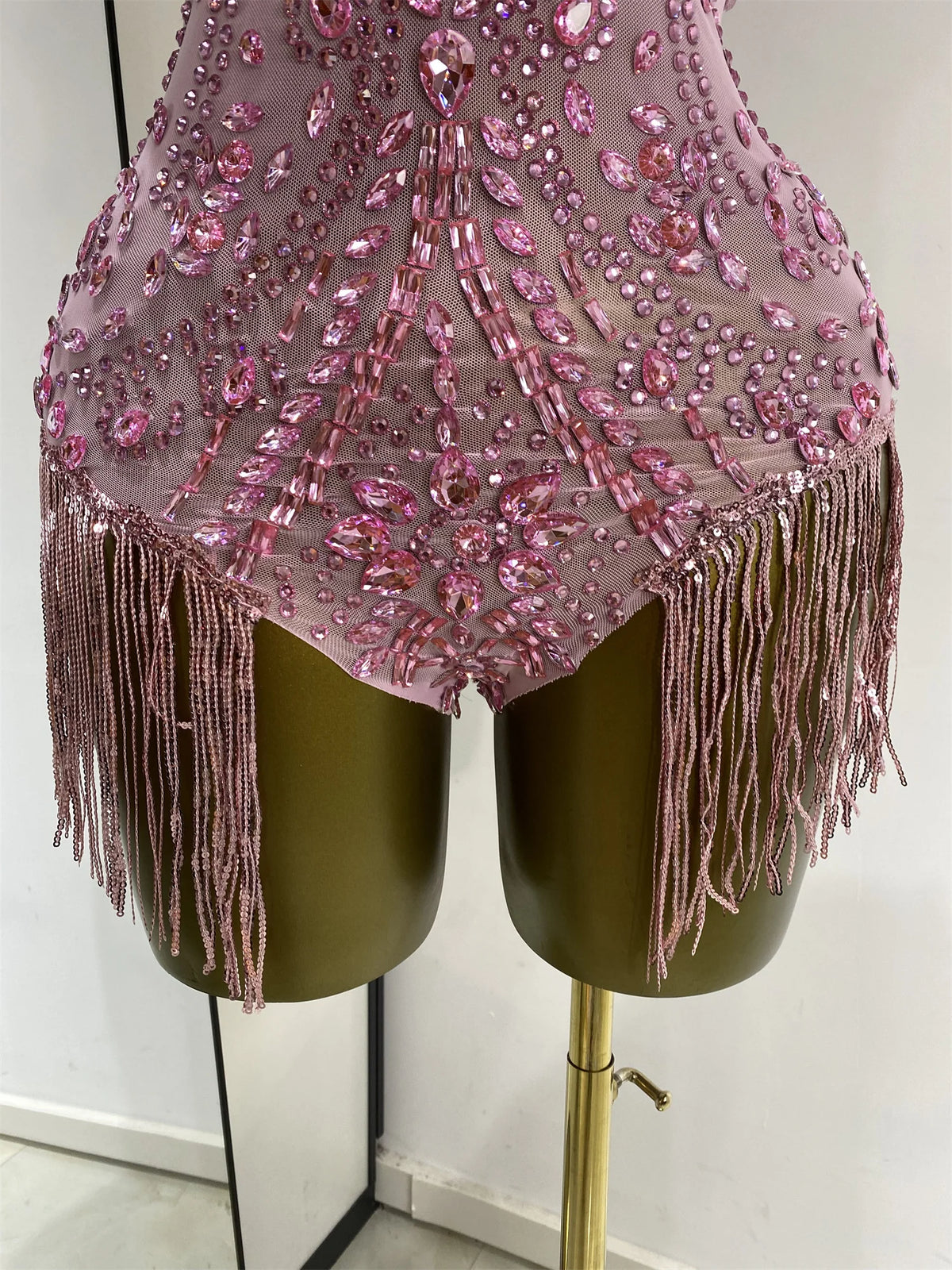 Vintage-Inspired Shiny Rhinestones Tassel Mesh Bodysuit Costume Set