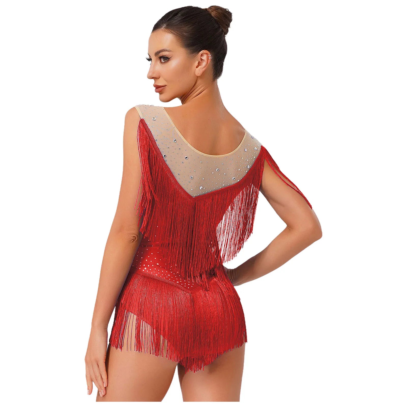 Sparkly Rhinestone & Tassel Fringe Latin Dance Leotard Crew Neck Bodysuit