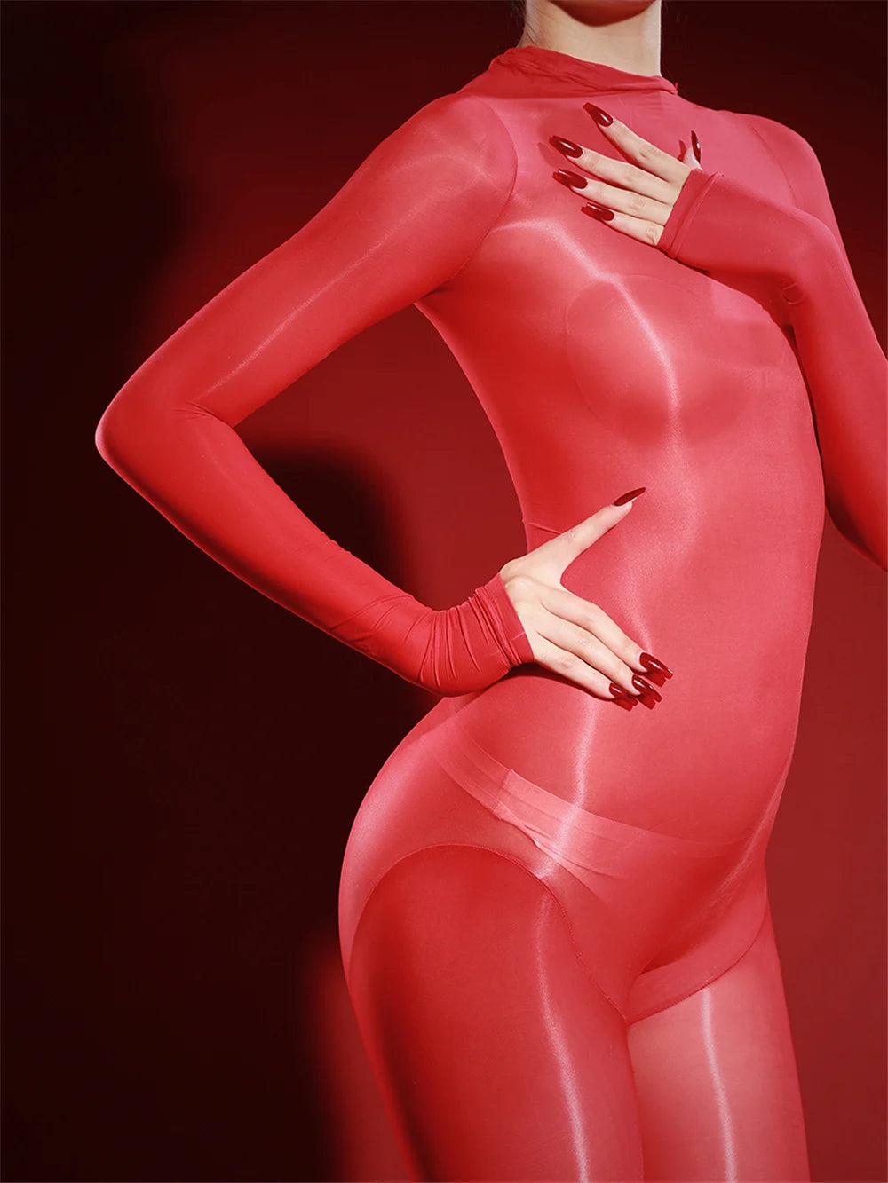 Oil Glossy High-Stretch Sheer Full-Length Bodysuit Thong Catsuit Jumpsuit