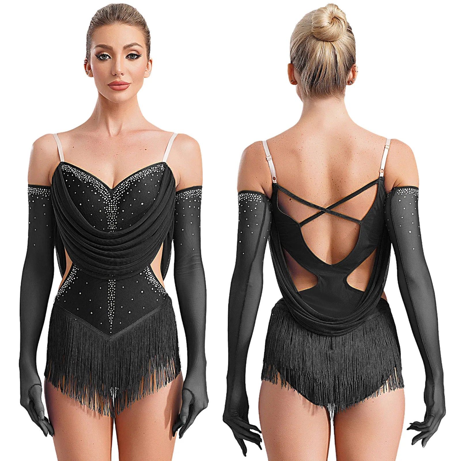 Sparkly Rhinestone & Tassel Fringe Dance Leotard with Gloves Two-Piece Stage Costume