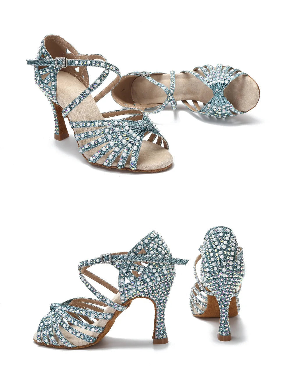 Sparkly AB Rhinestone Latin Dance Shoes Soft Bottom Ballroom Competition Heels