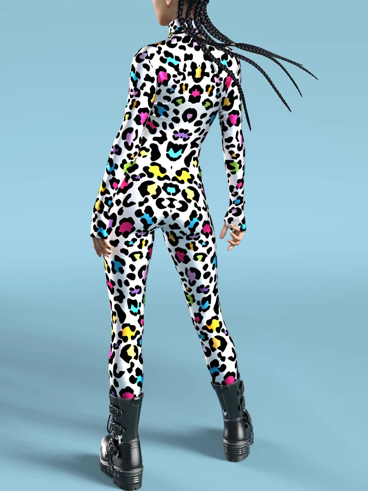 Rainbow Dalmatian Spot Print Zip Catsuit Colorful Spotted Cosplay Stage Jumpsuit
