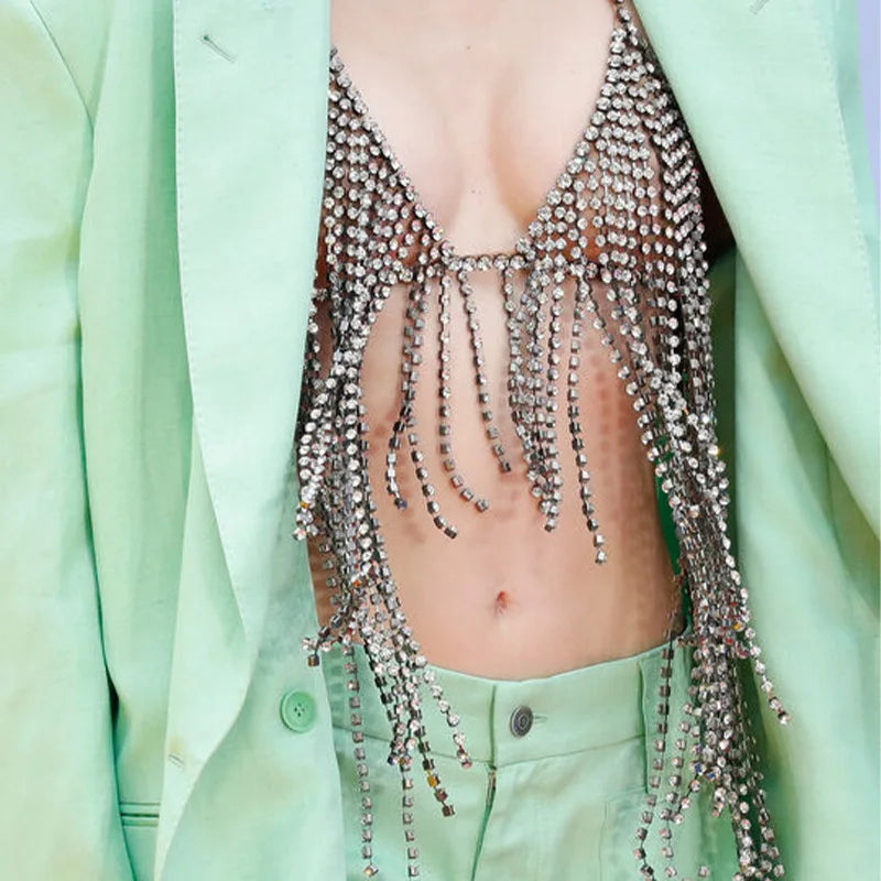 Rhinestone Sling Tassel Bra Chain