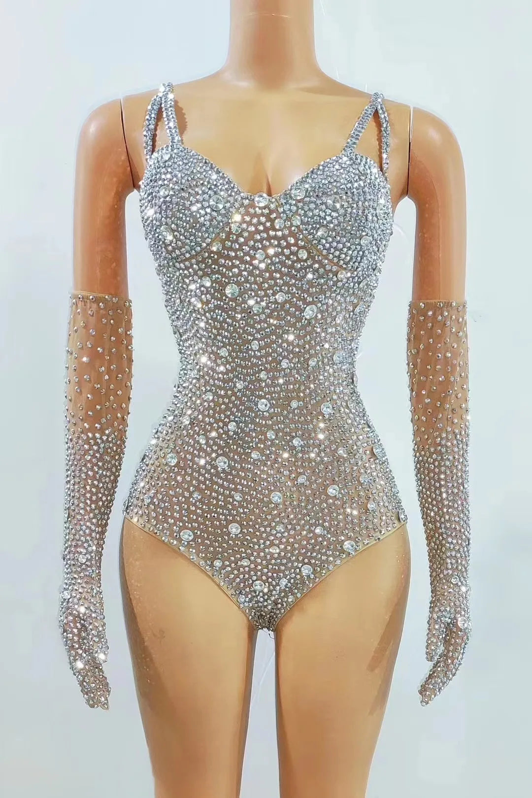 Sparkly Silver Crystal Rhinestone Bodysuit & Long Gloves Stage Costume Set