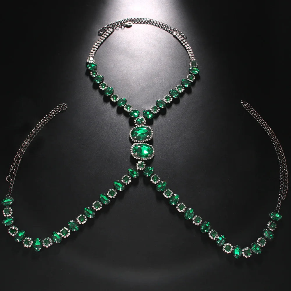 Men's Green Crystal Rhinestone Body Chain Harness Punk Stage Cross Chest Collar