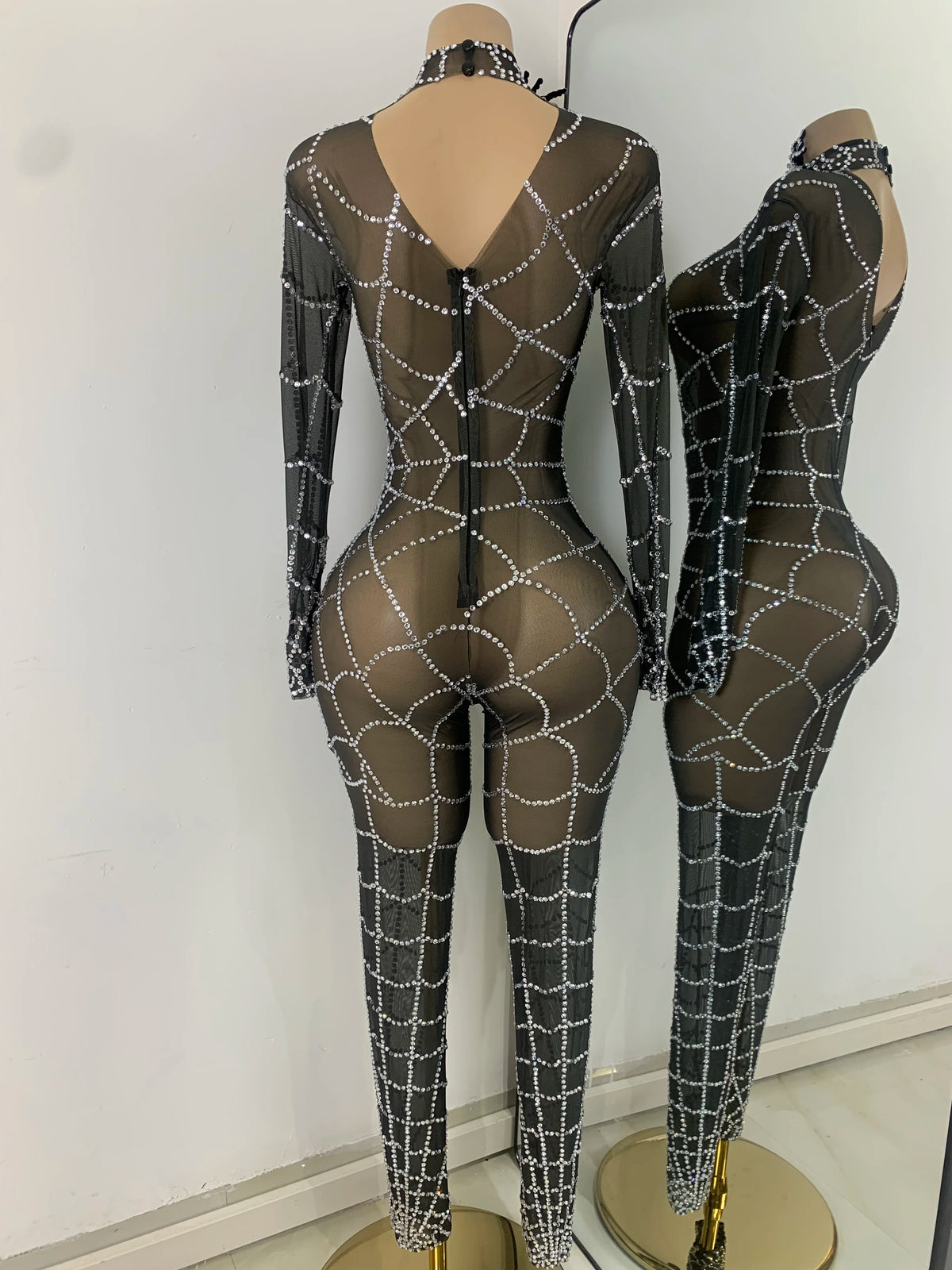 Black Spider Mesh Jumpsuit For Women Sexy Long Sleeve Performance Rompers Dance Show Stage Costume