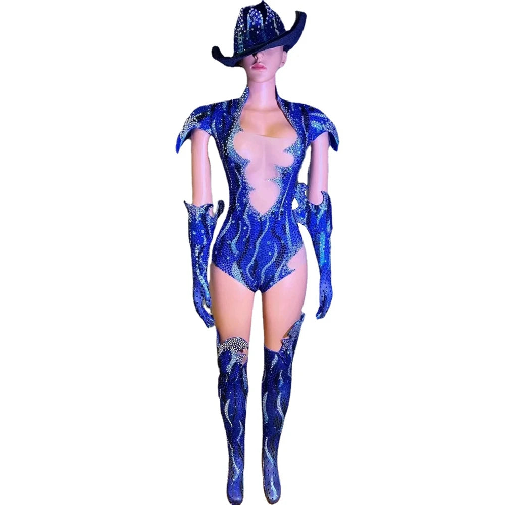 parkly Rhinestone Bodysuit Set Showgirl Stage Dance Costume with Gloves & Hat