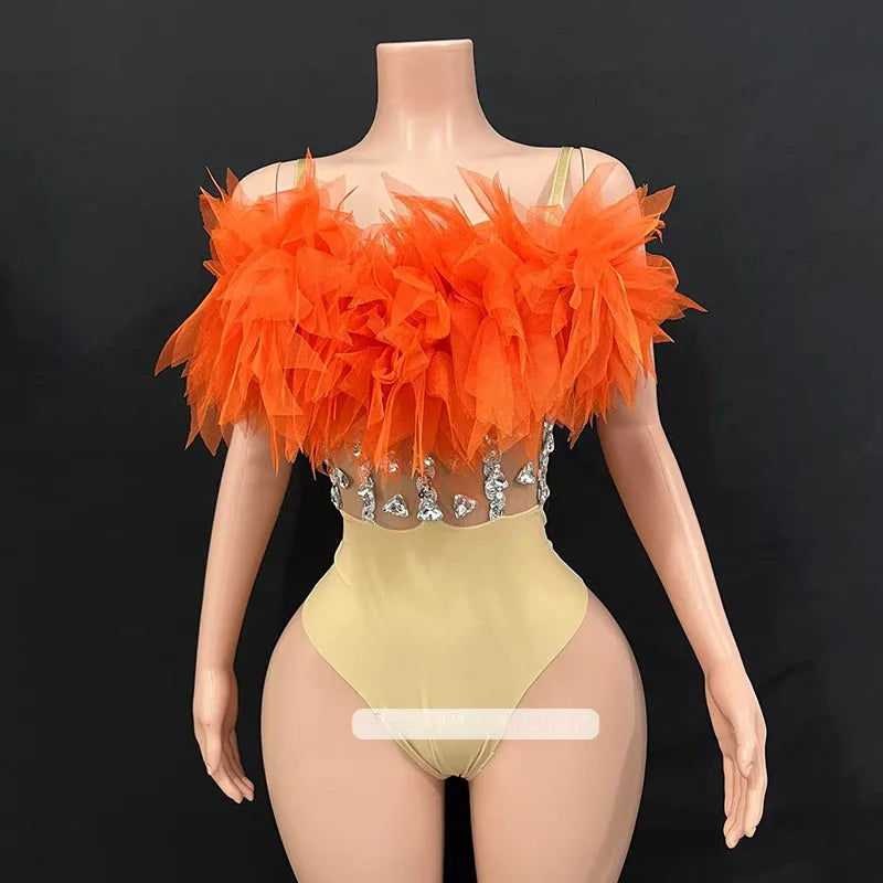 Fluffy Feather & Rhinestone Bodysuit Gogo Stage Performance Costume