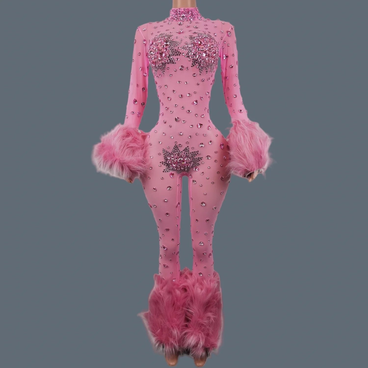 Sparkly Rhinestone & Feather Cuffed Jumpsuit Stage Performance Catsuit Costume