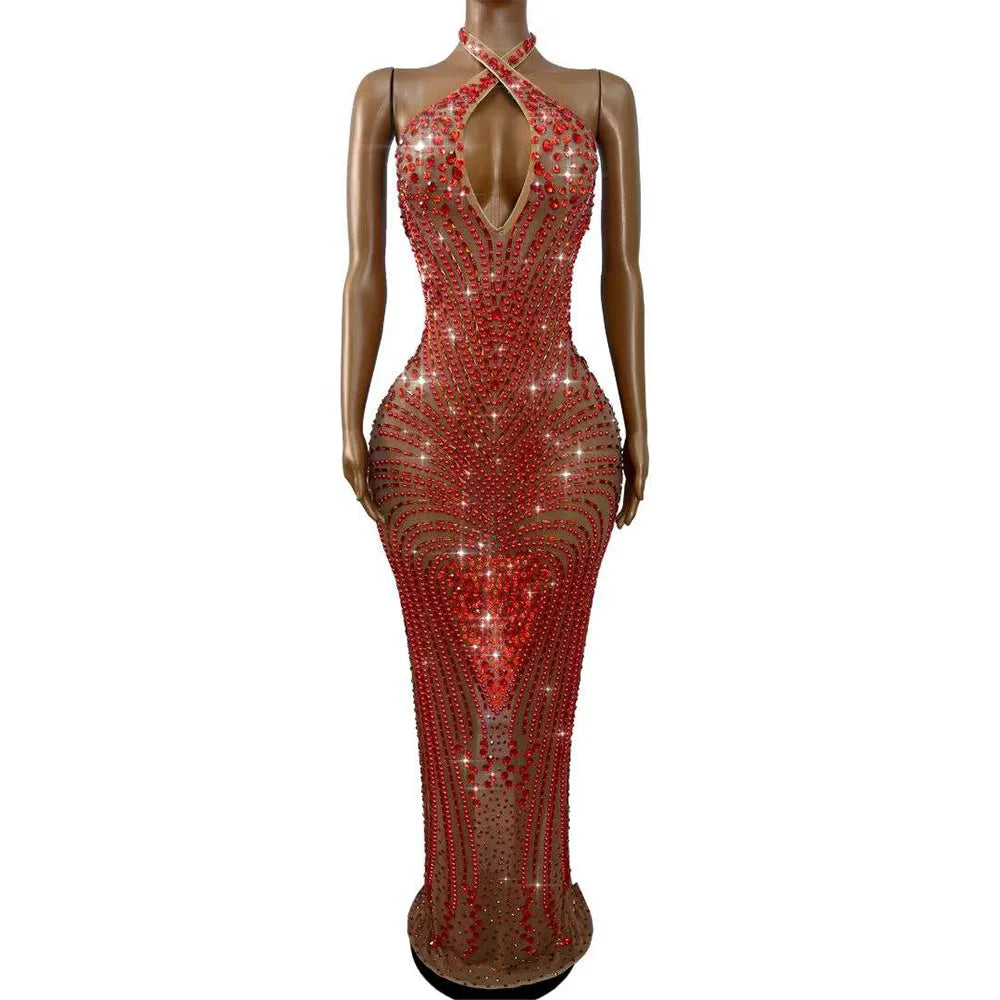 Women's Rhinestone Backless Halter Dress | Shining Red & Silver Gown for Wedding, Birthday & Stage