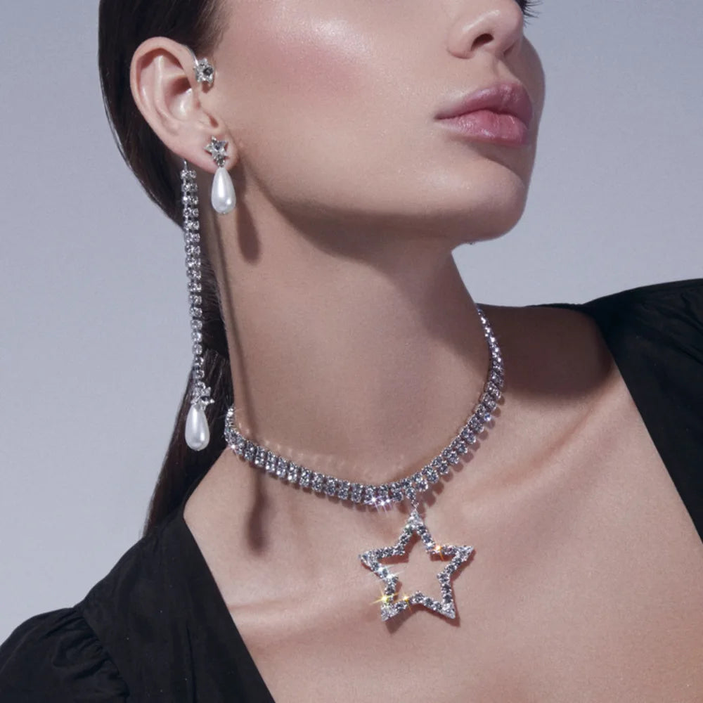 Sparkly Double Layer Crystal Rhinestone Star Pendant Choker Necklace Stage Jewelry
