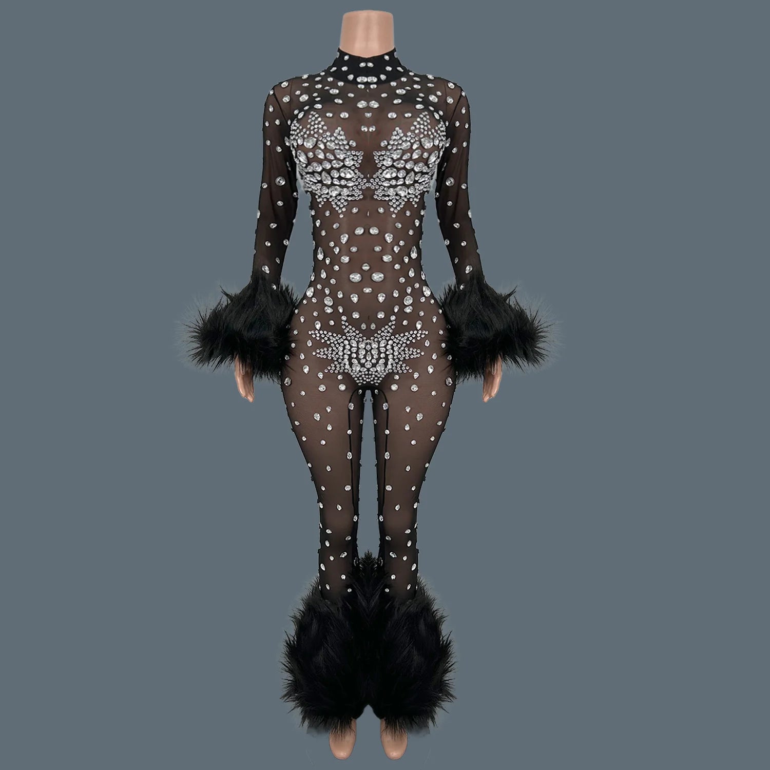 Sparkly Rhinestone & Feather Cuffed Jumpsuit Stage Performance Catsuit Costume