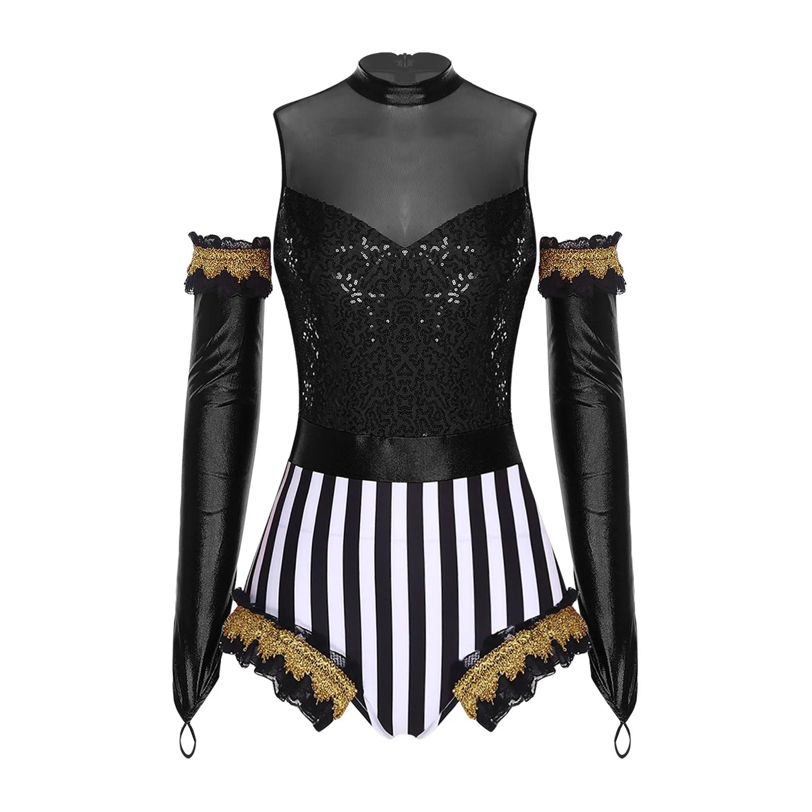 Circus Ringmaster Sequin Striped Bodysuit & Metallic Gloves 2-Piece Stage Costume Set