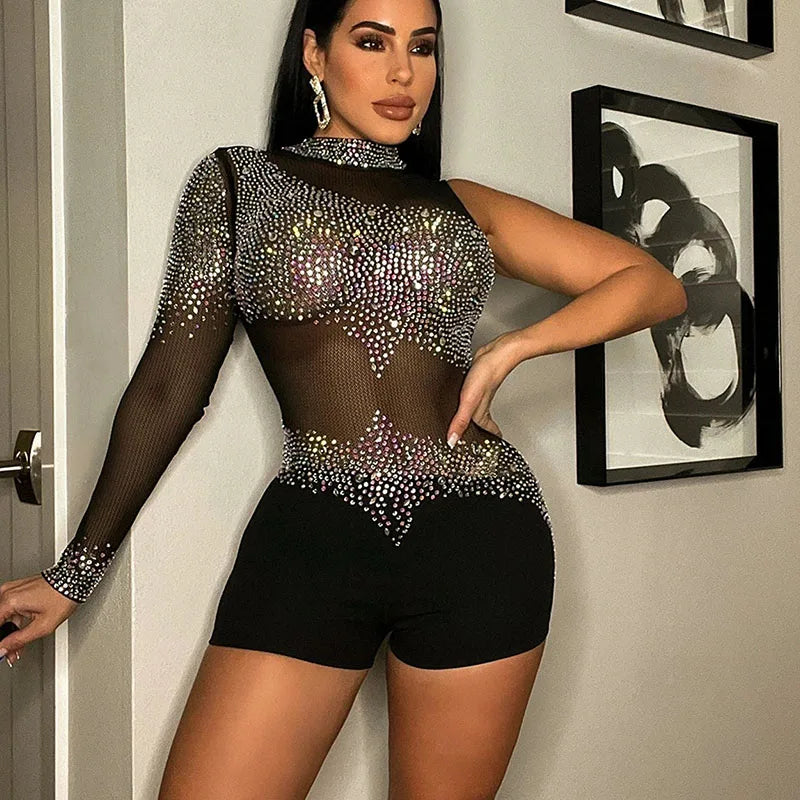 Sparkly Rhinestones Mesh Romper