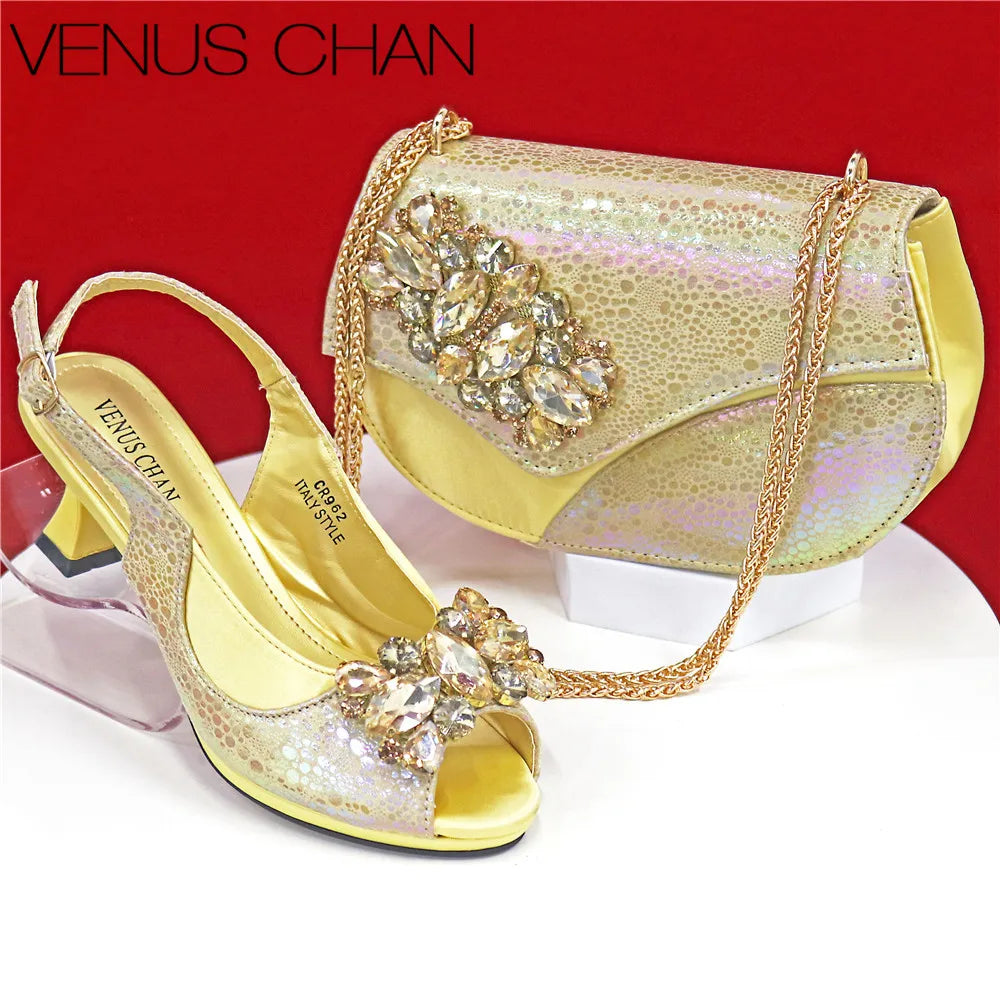 Elegant Rhinestone High-Heels Shoes & Handbag Set