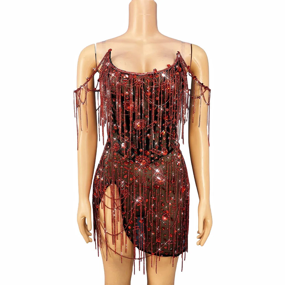 Red Crystal Chains Rhinestones Transparent Dress Women Party Show Gown Singer Performance Stage Wear