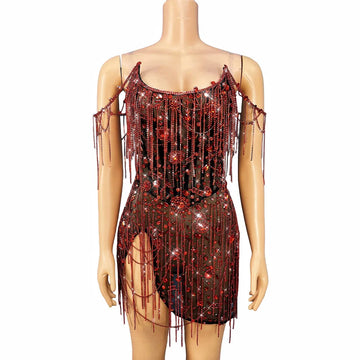 Red Crystal Chains Rhinestones Transparent Dress Women Party Show Gown Singer Performance Stage Wear