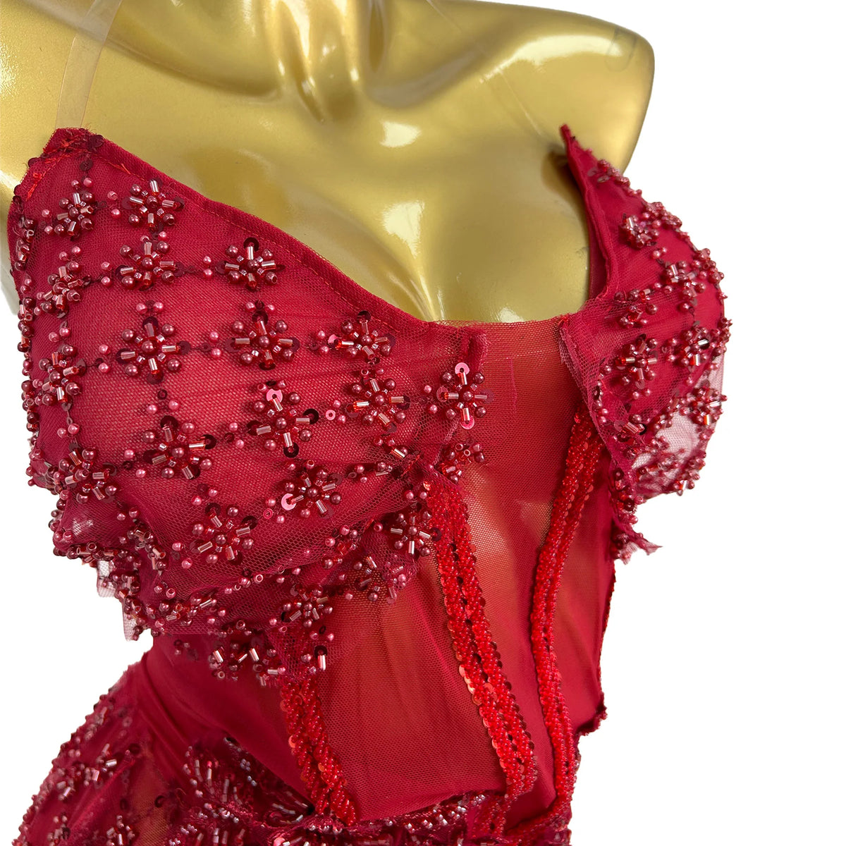 Women Sweetheart Red Sheer Mesh Neck Bodysuit Crystal Bodycon Mini Dress with Asymmetric Trailing Train Singer Show Costume