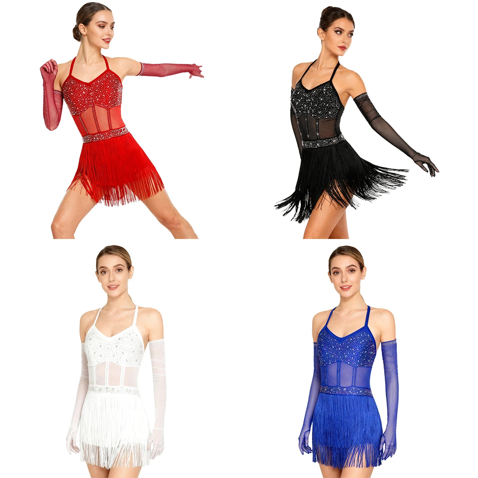 Rhinestone Latin Dance Dress, Mesh Tiered Tassel Bodysuit & Long Gloves Set