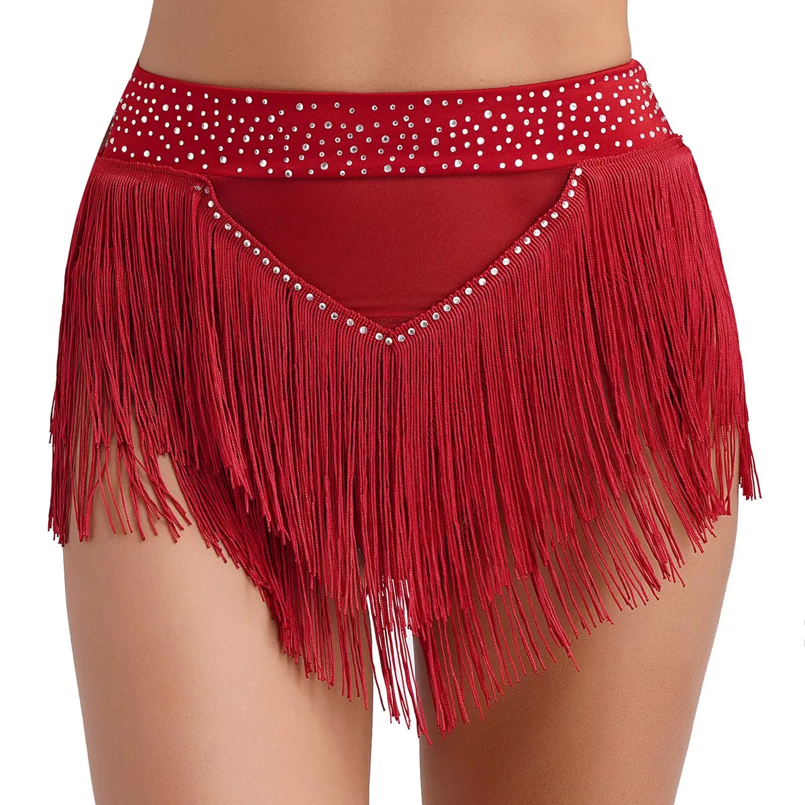 Rhinestone Tassel High-Waist Dance Shorts & Sheer Mesh Fringe Skirt