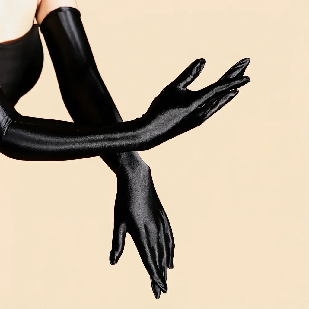 80D Satin Shiny Five Finger Gloves Stage Performance Unisex Gloves High Elastic Long Gloves Party Sun protection Driving Gloves