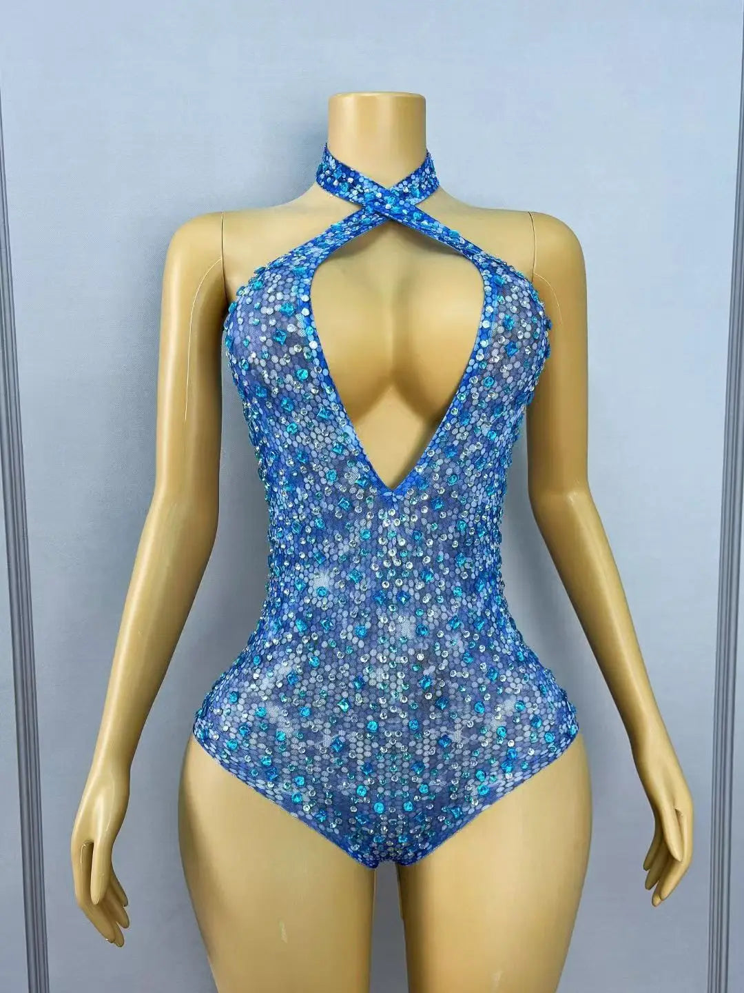 Blue Rhinestones Halter Off-Shoulder Deep V-Neck Mesh Leotard