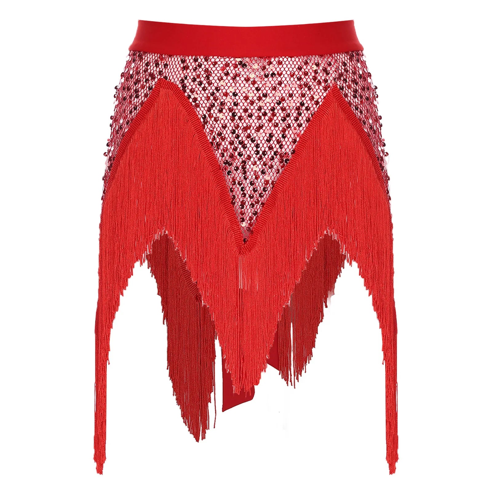 Glitter Sequin Fishnet Mesh Hip Scarf & Tassel Waist Wrap Belly Dance Skirt