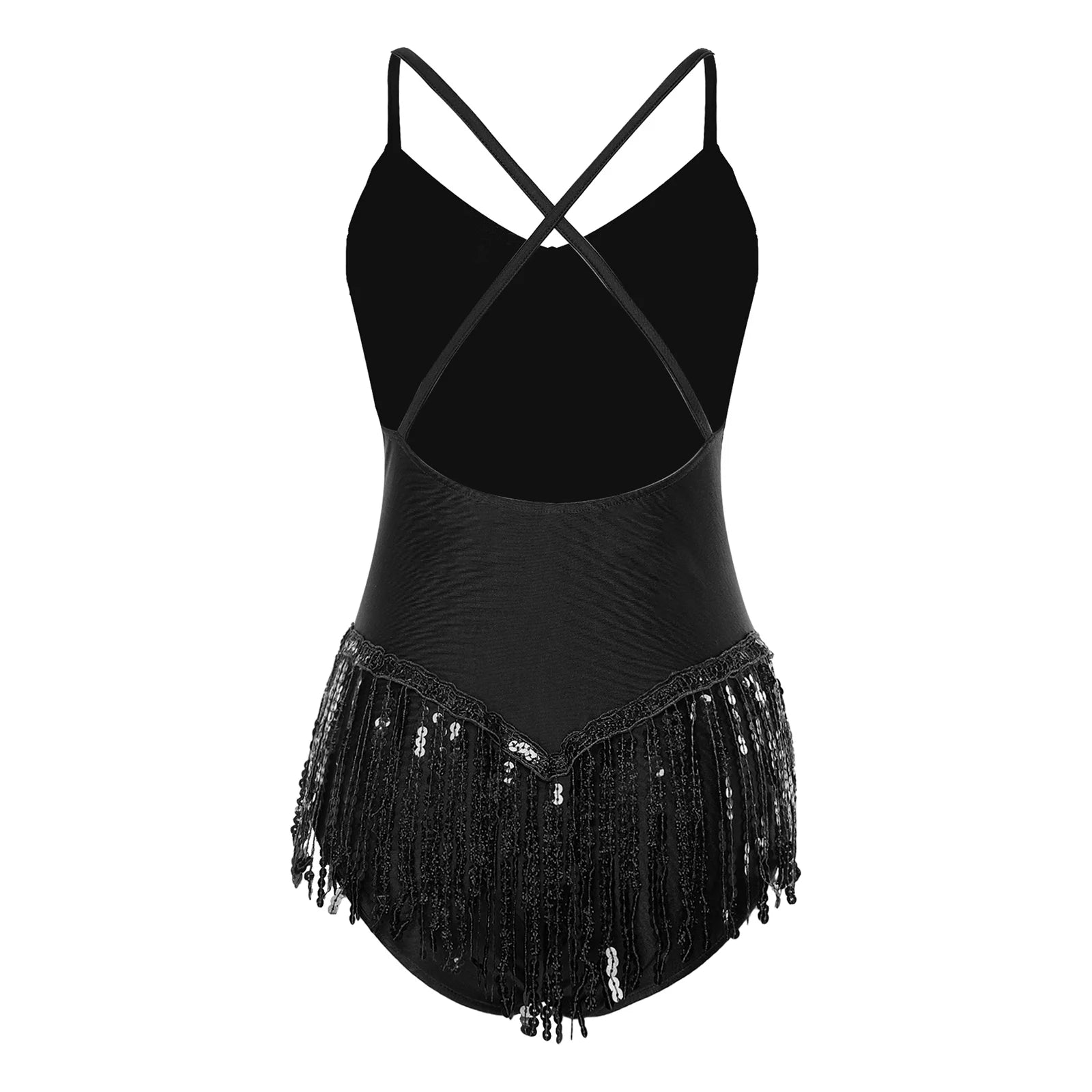 Sequins Fringed Cross Back Latin Dance Leotard Sleeveless V-Neck Bodysuit