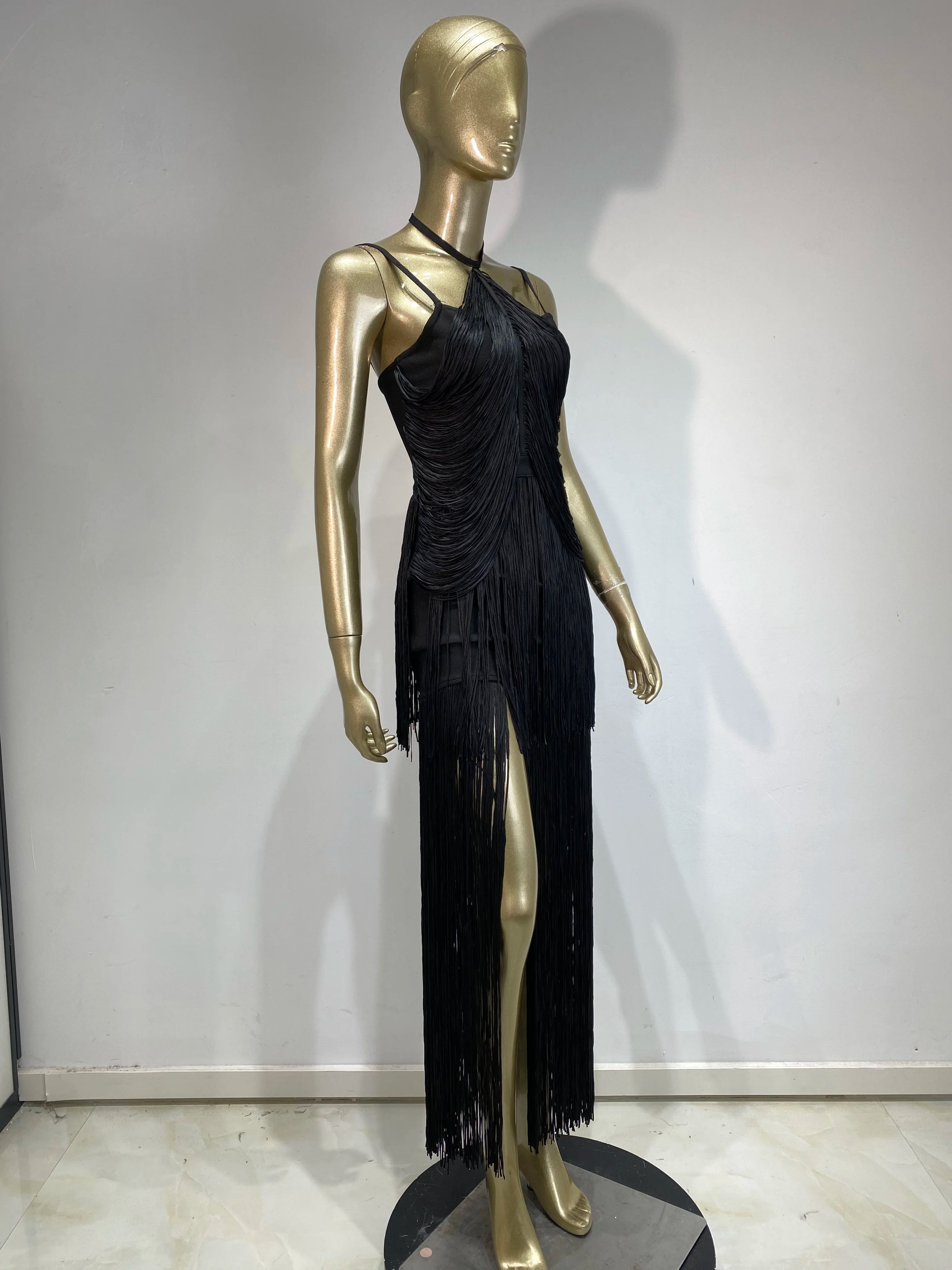 Double-Layer Fringe Bandage Ankle-Length Evening Gown & Gala Dress