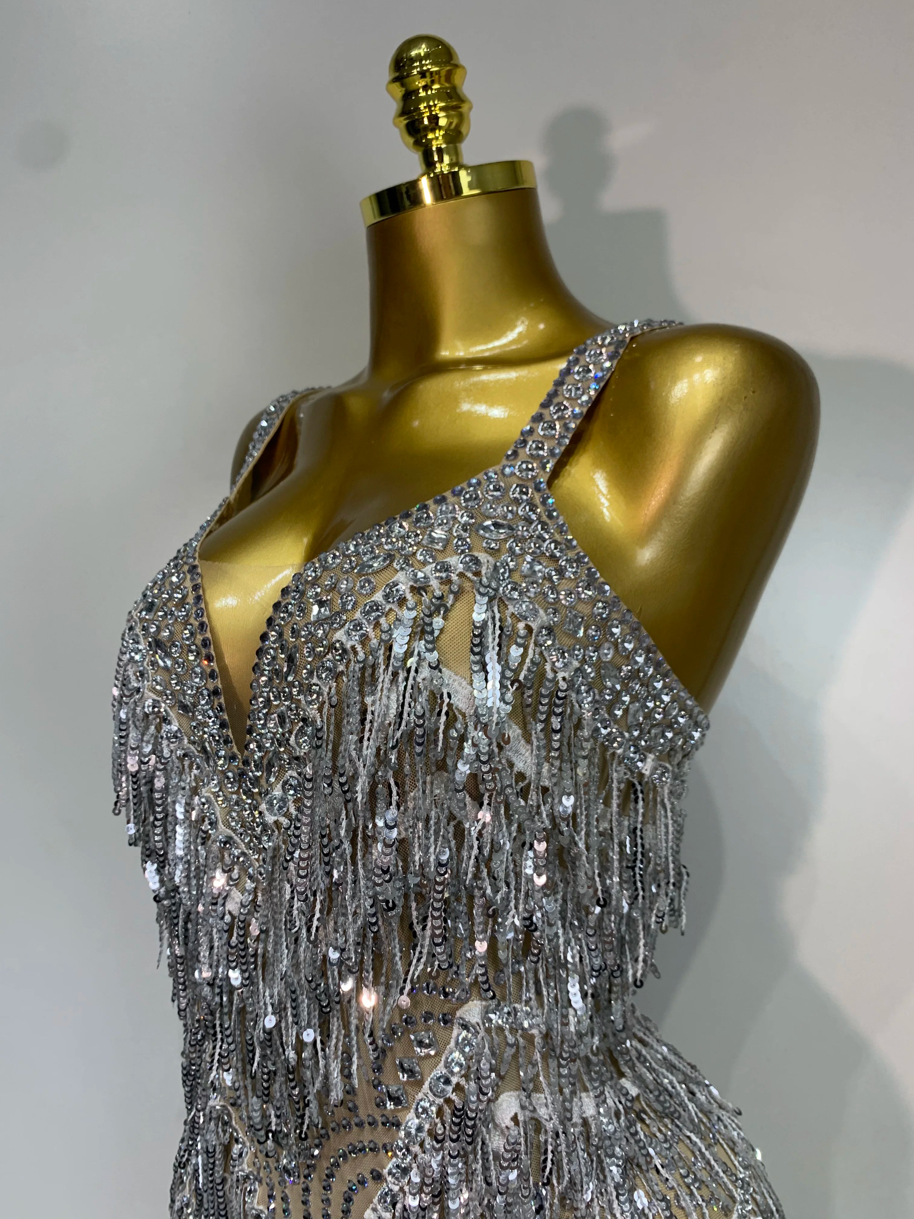 Sparkly Rhinestone Tassel Backless Mesh Bodysuit Luxury Stage Performance Costume