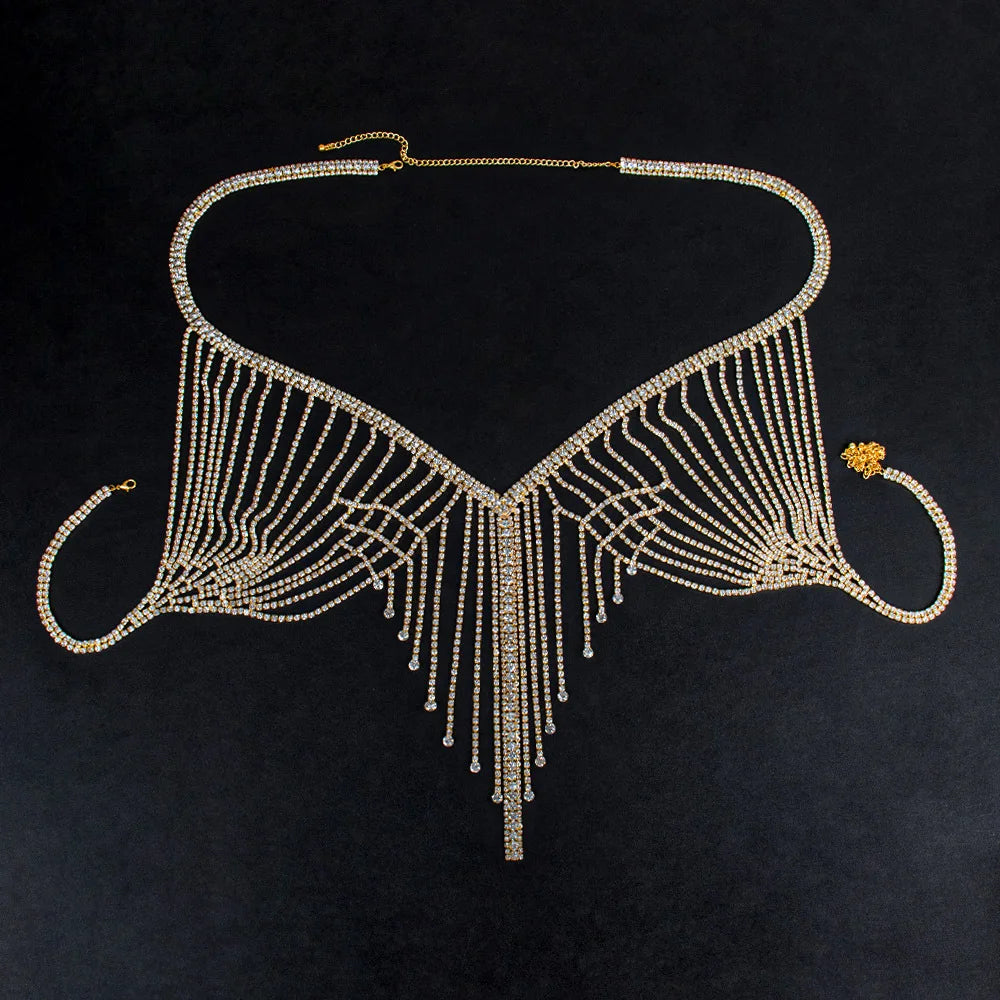 V-Shaped Halter Rhinestone Tassel Body Jewelry