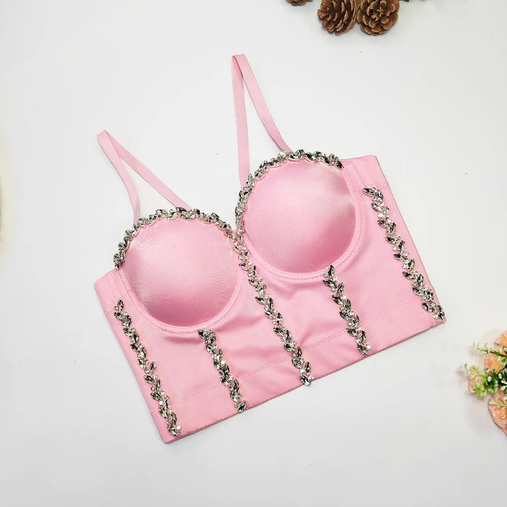 Crystal Chain Strap Bustier Corset Crop Top Hook-and-Eye Stage Bralette