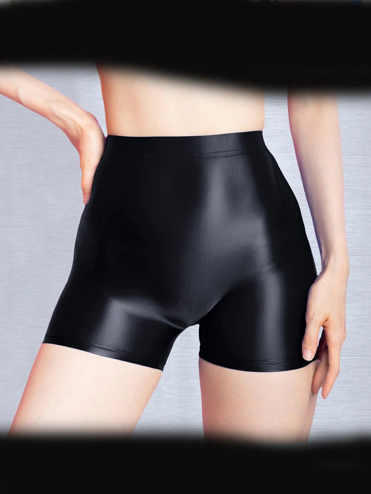 Seamless Oil Glossy High-Stretch Boyshorts Satin Sheer Safety Shorts